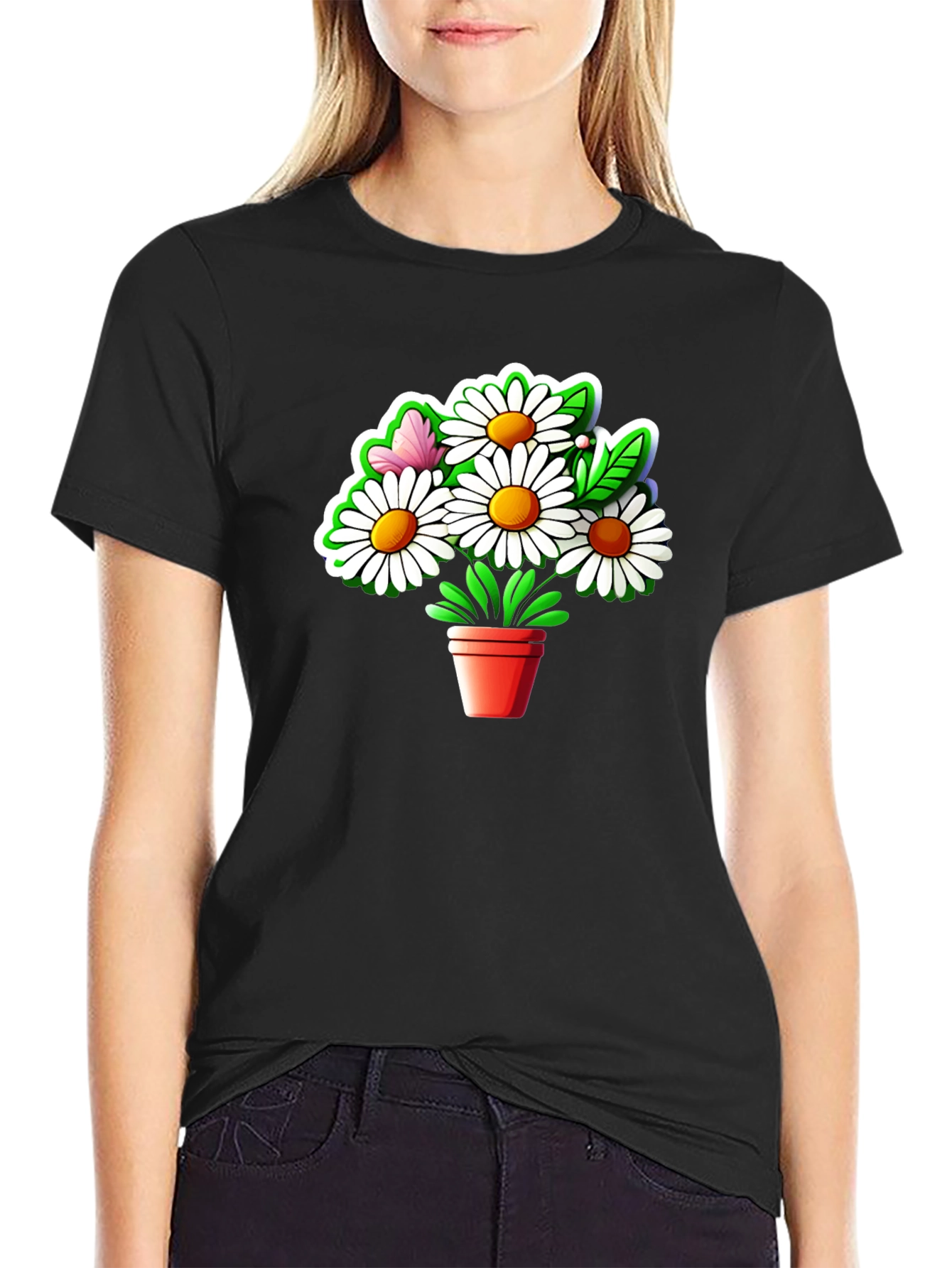 Black Daisy Flower Pot Graphic Tee - Black Cotton Casual T-Shirt view 2