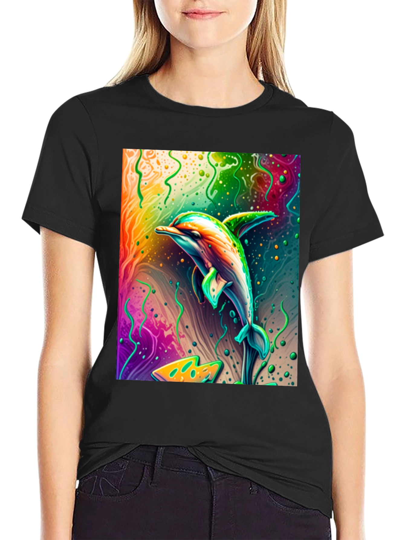 Black Vivid Dolphin Graphic T-Shirt - Black Cotton Tee view 2