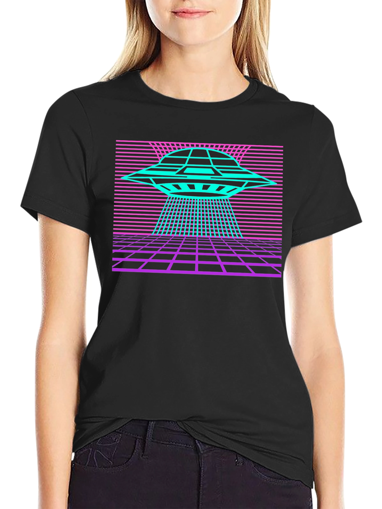 Black Retro UFO T-Shirt Synthwave Graphic Tee view 2