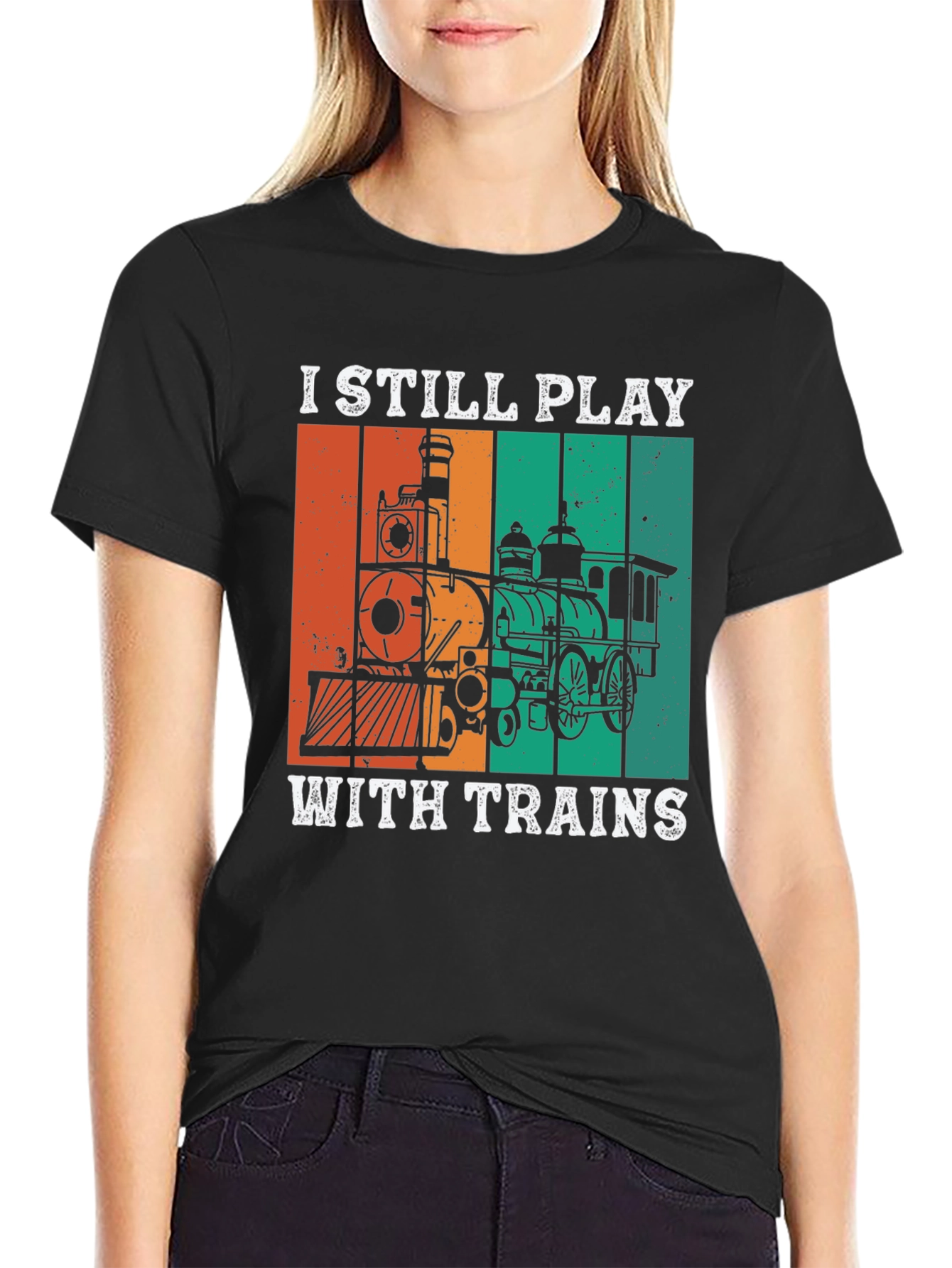 Black I Still Play with Trains T-Shirt view 2