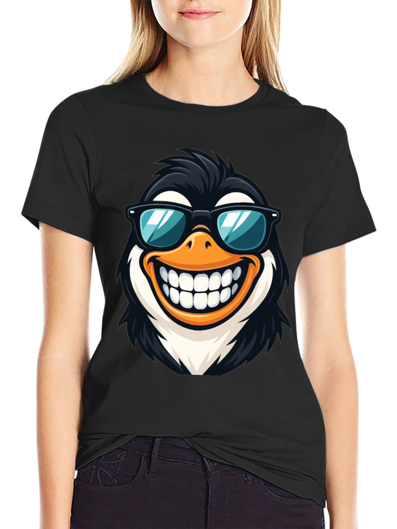 Black Cool Penguin Graphic Tee - Black Cotton T-Shirt view 2