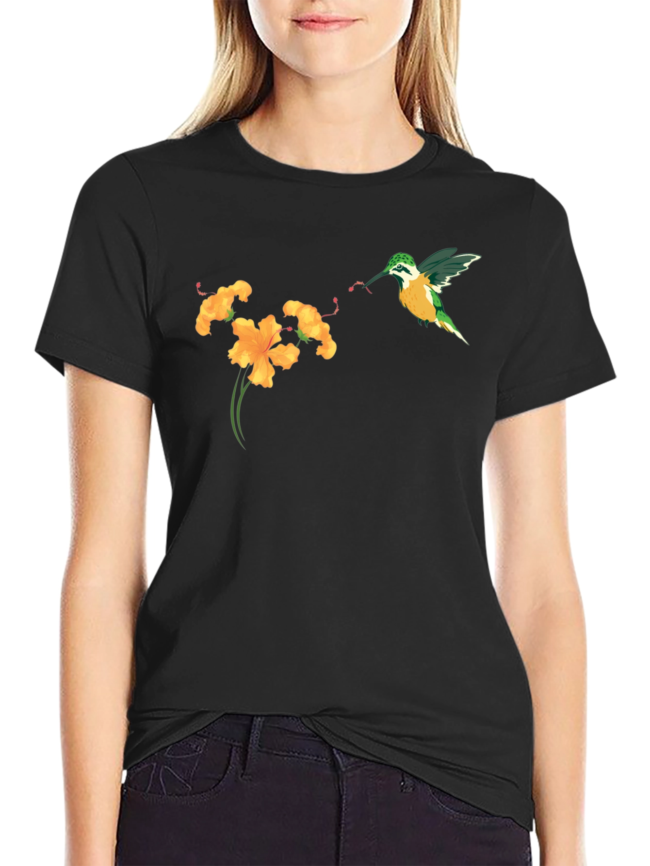 Black Hummingbird & Flower Graphic Tee - Stylish Black T-Shirt view 2