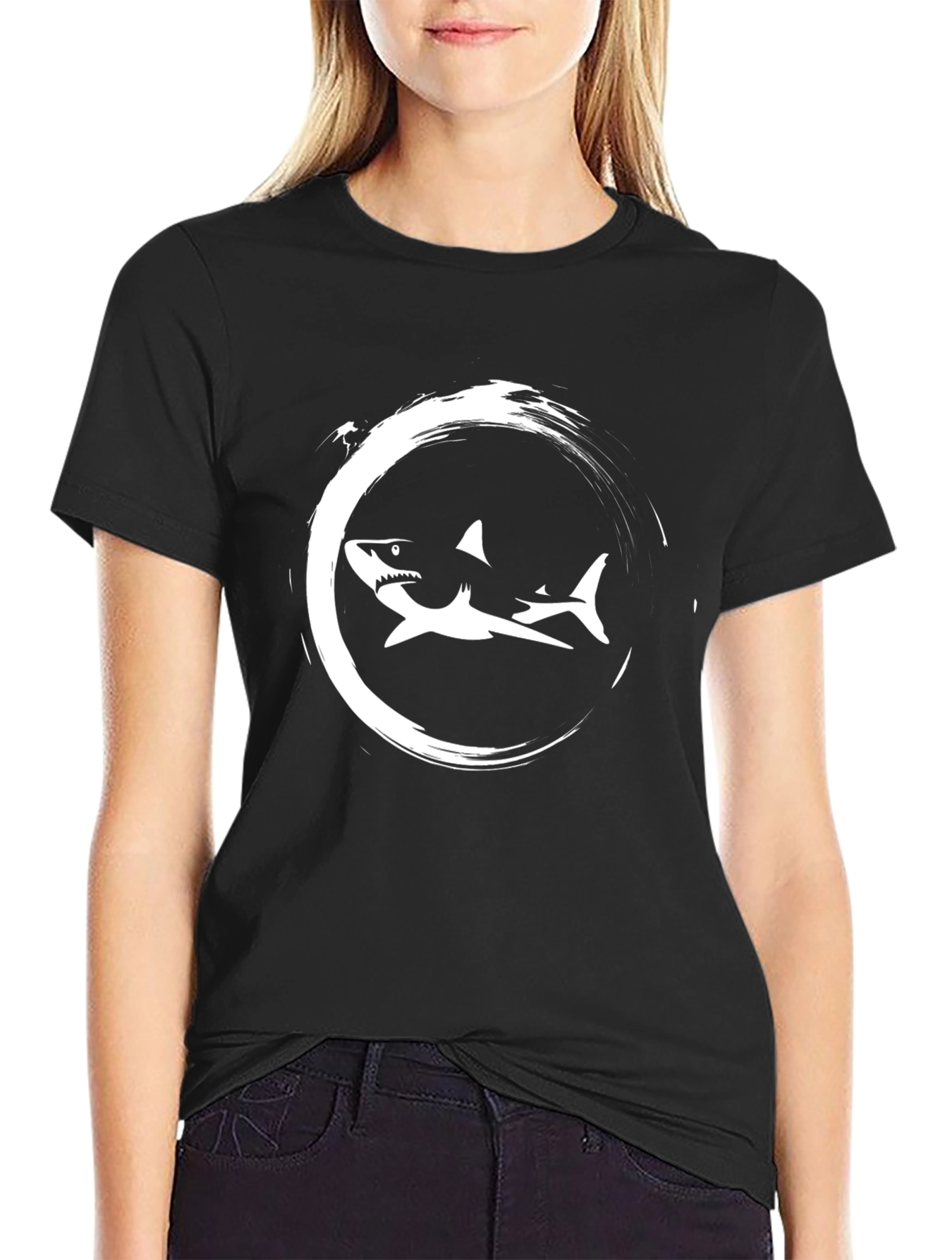 Black Shark Circle Graphic Print Black T-Shirt view 2