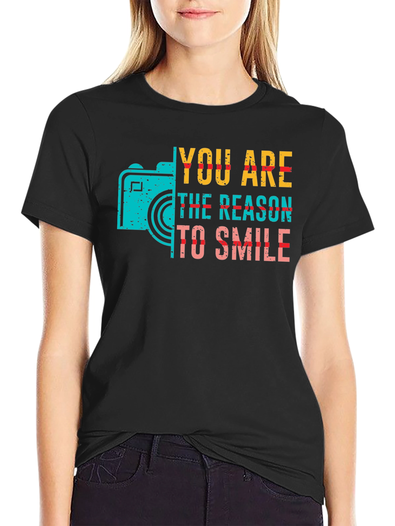Black You Are The Reason To Smile Camera Graphic Tee view 2