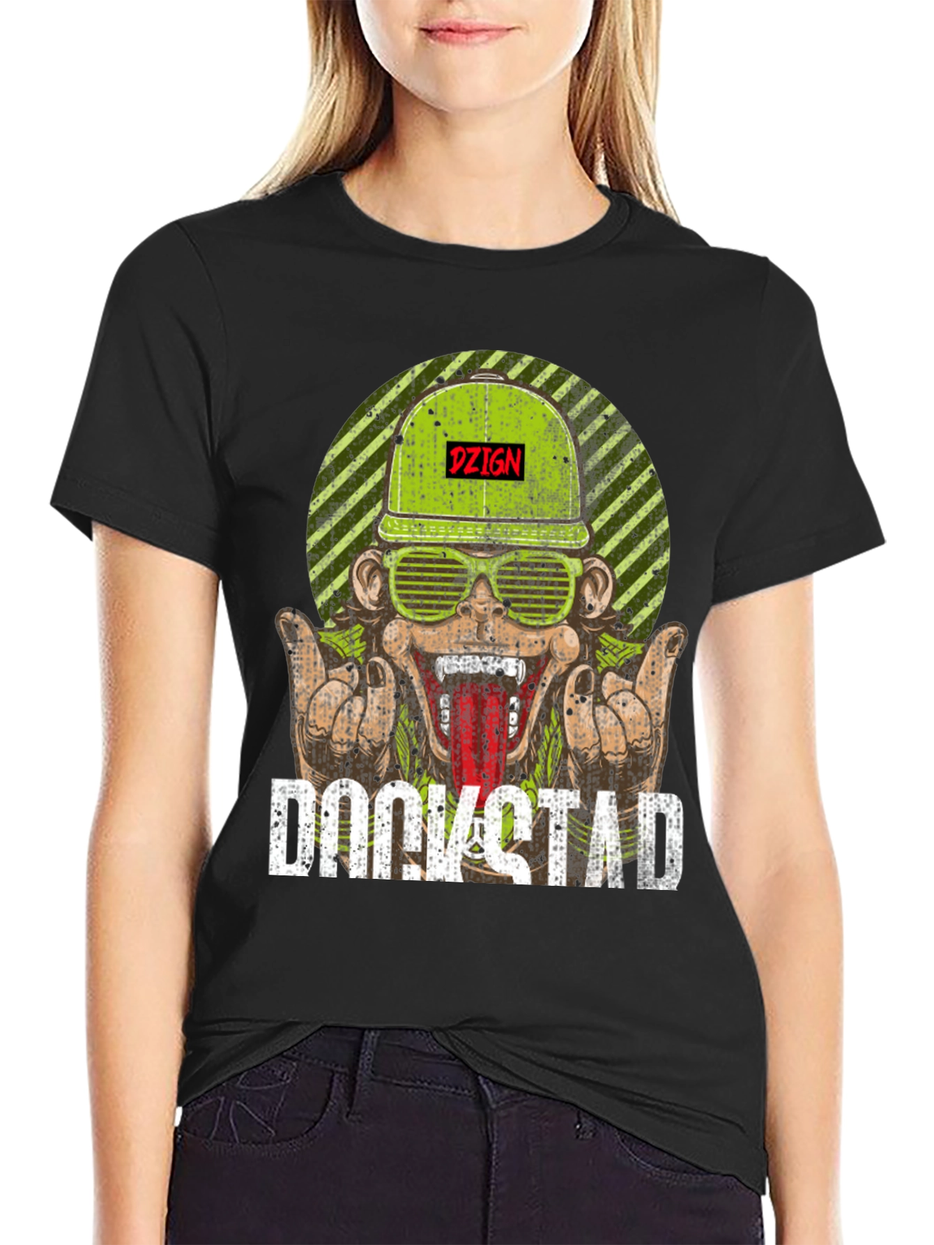 Black DZIGN Rockstad Monkey Graphic T-Shirt view 2