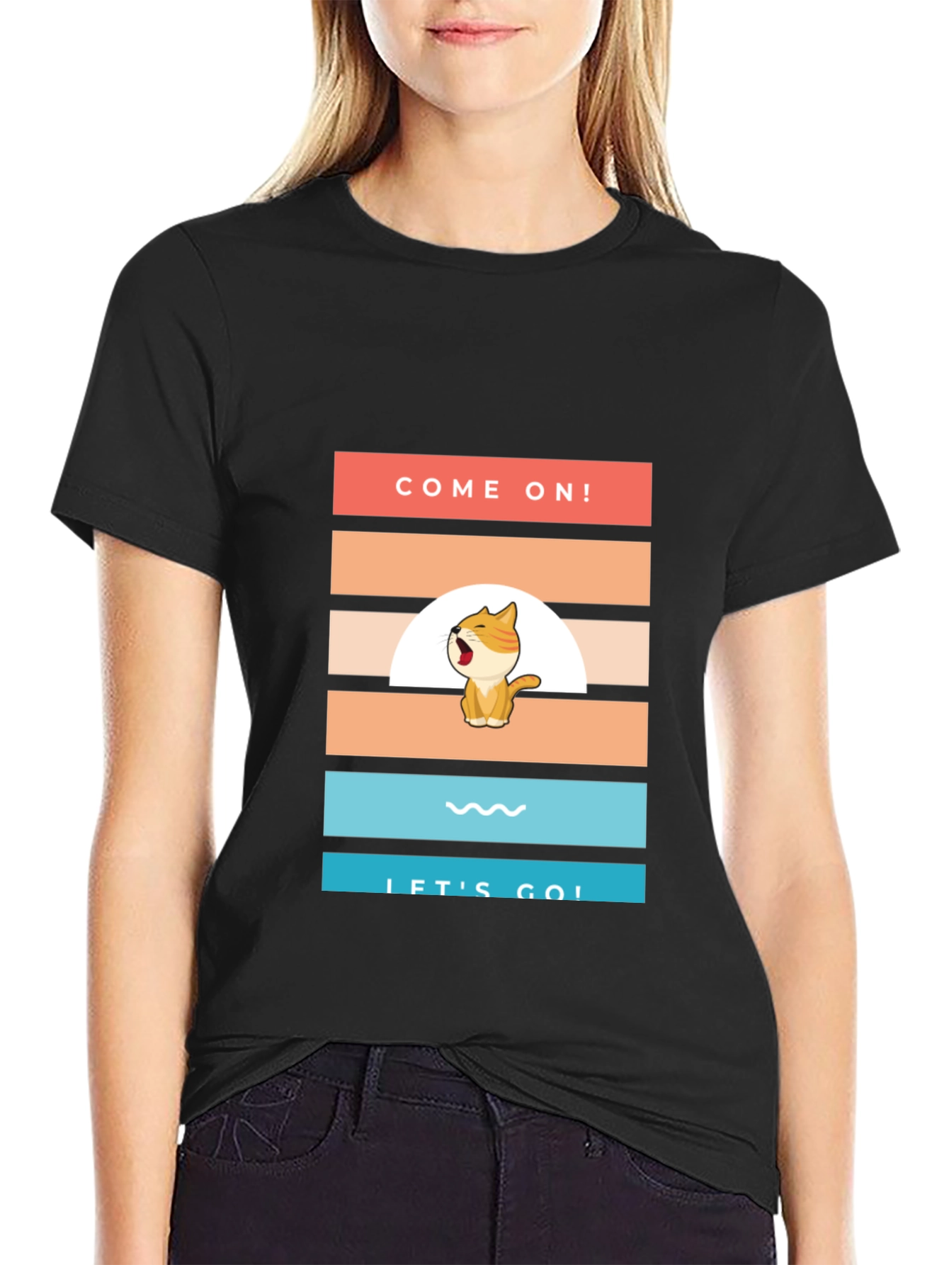 Black Come On! Let's Go! Cartoon Cat T-Shirt view 2
