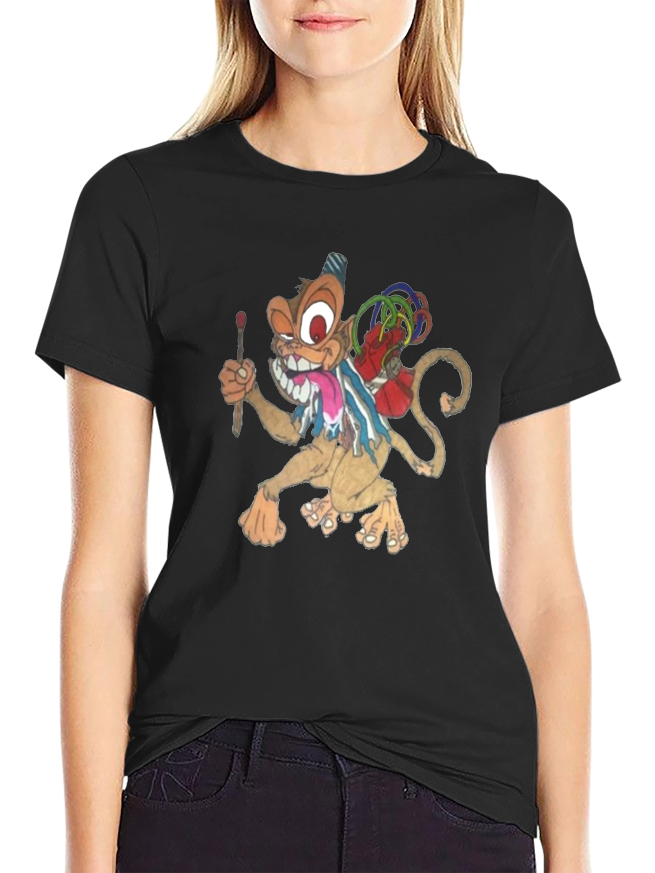Black Cartoon Monkey Graphic Print T-Shirt view 2