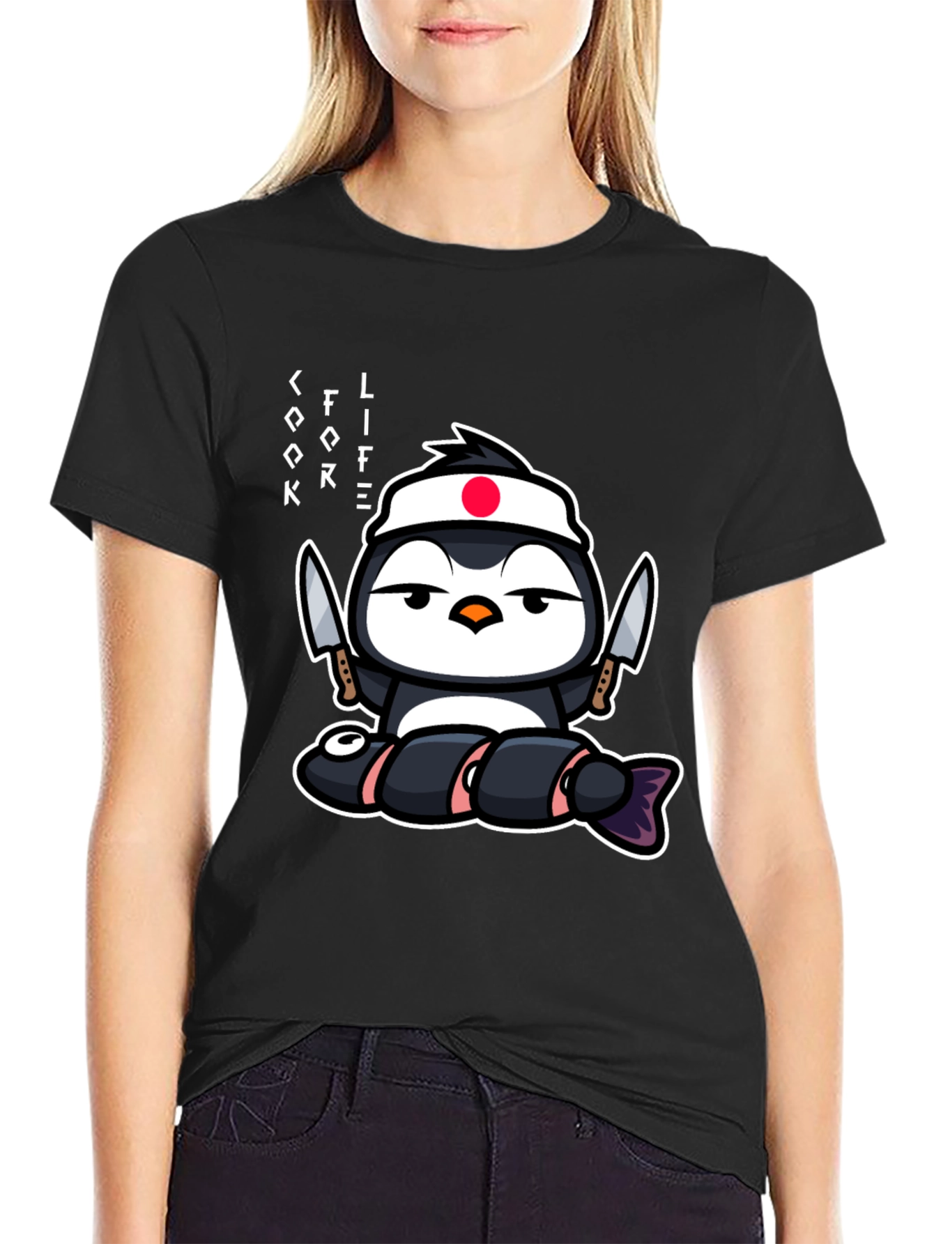 Black Sushi Chef Penguin T-Shirt - Cook Life view 2