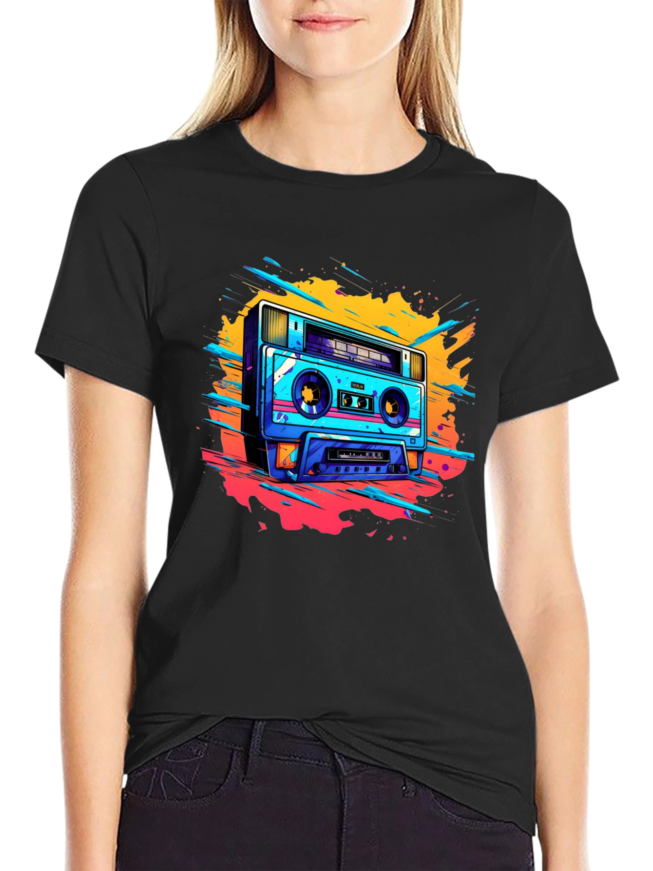 Black Retro Boombox Graphic Tee - Black Cotton T-Shirt view 2