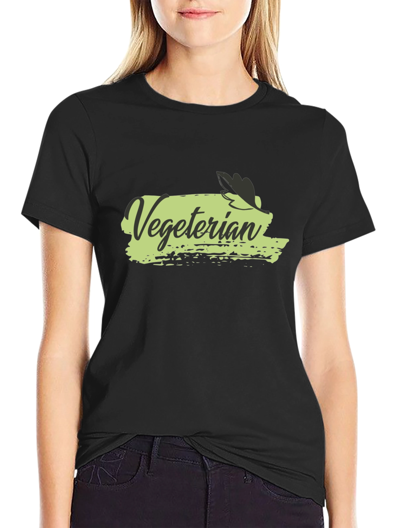 Black Vegetarian T-Shirt Black Cotton Crew Neck Casual Wear view 2