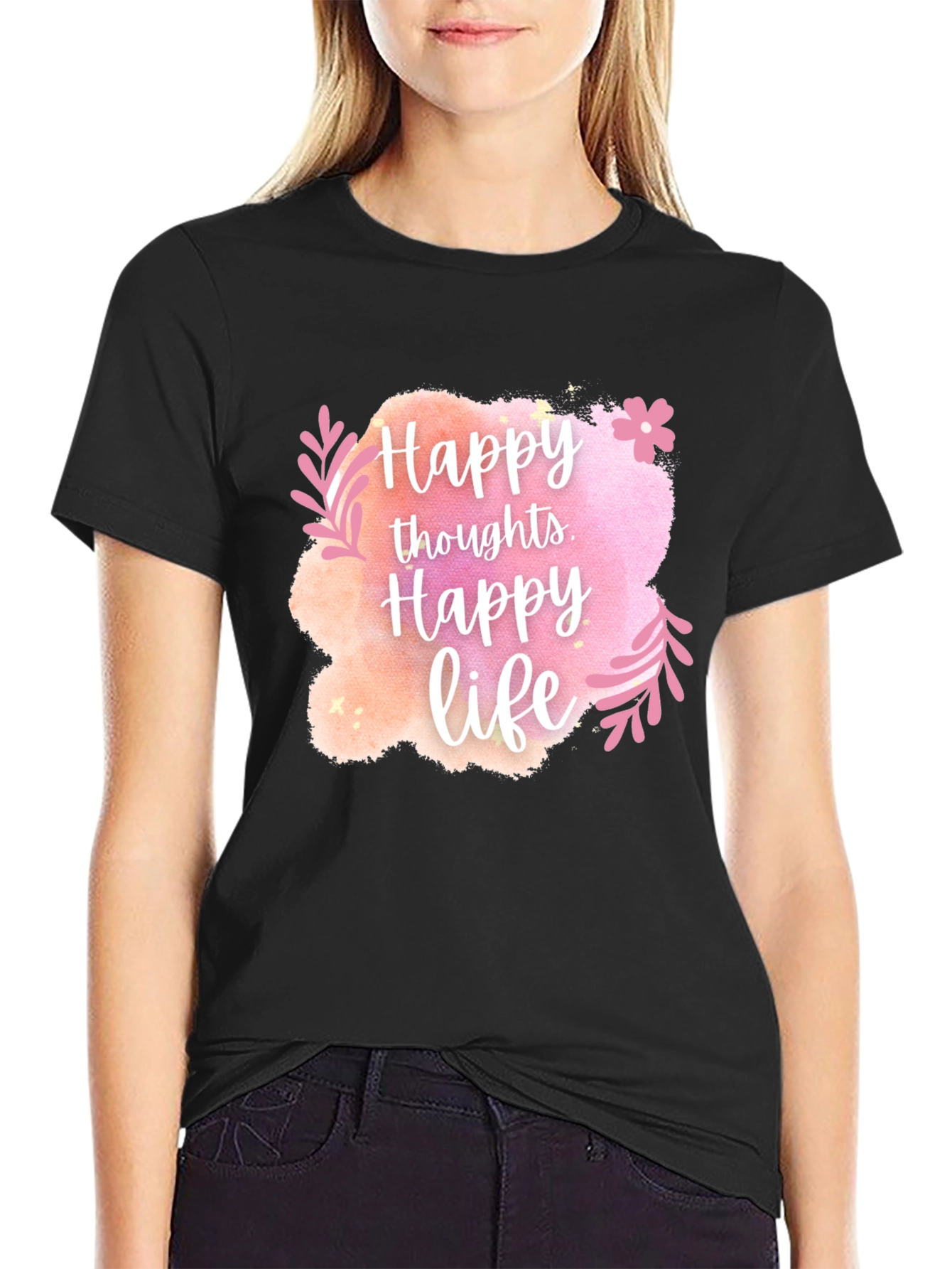 Black Happy Thoughts, Happy Life Graphic Tee view 2