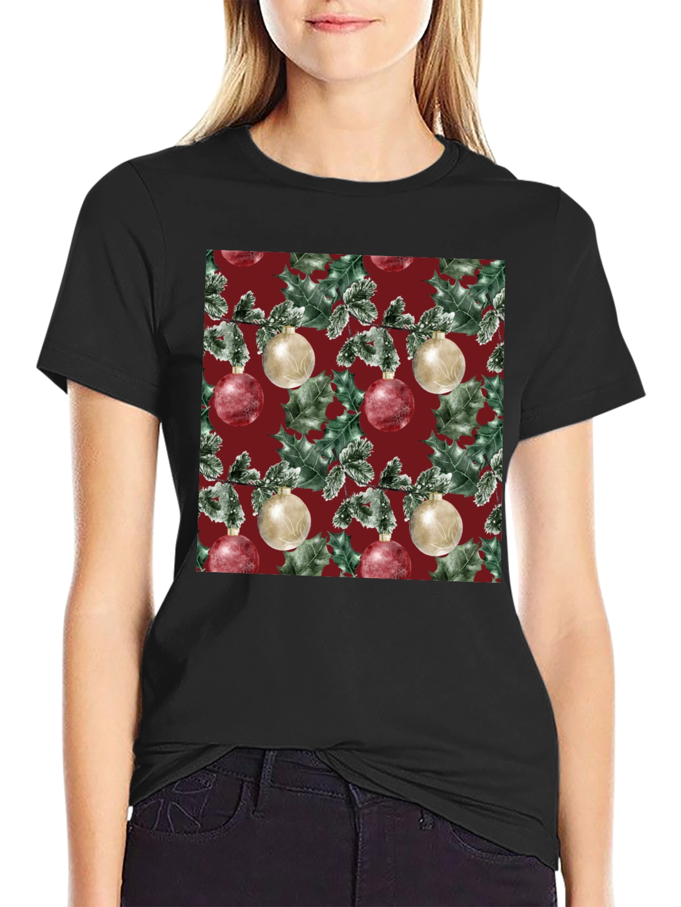 Black Festive Christmas Ornament Pattern T-Shirt view 2