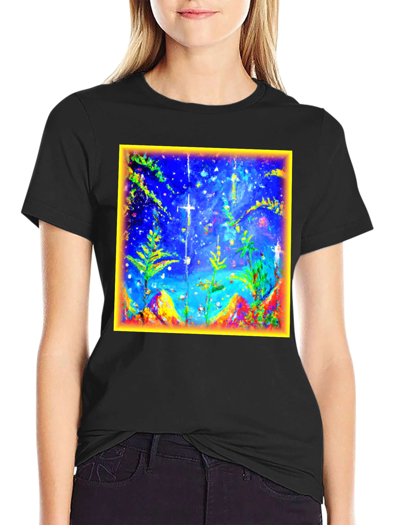 Black Abstract Art Graphic Tee - Men's Black Cotton T-Shirt view 2