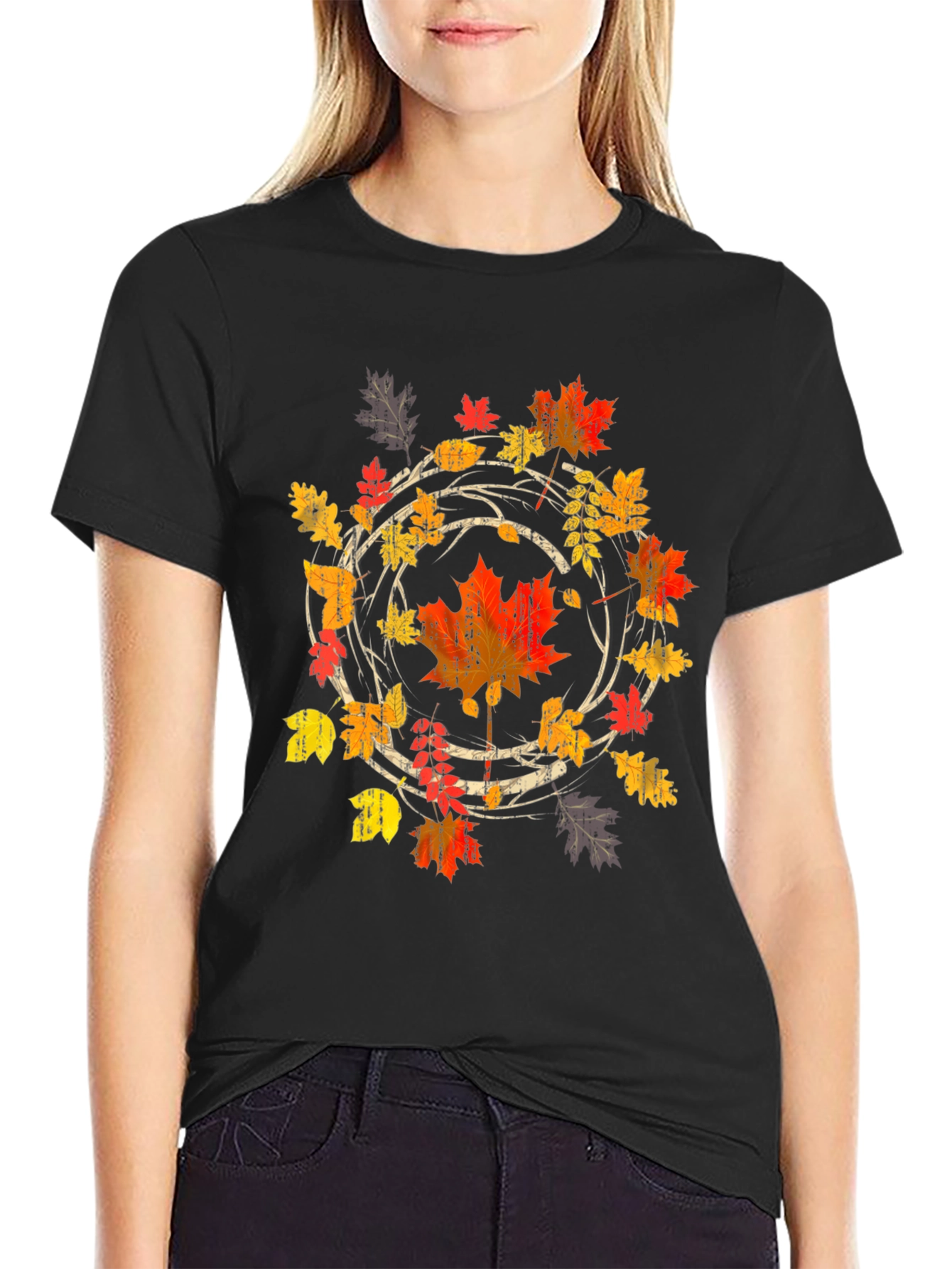 Black Autumn Leaf Circle Graphic Tee - Black Cotton Shirt view 2