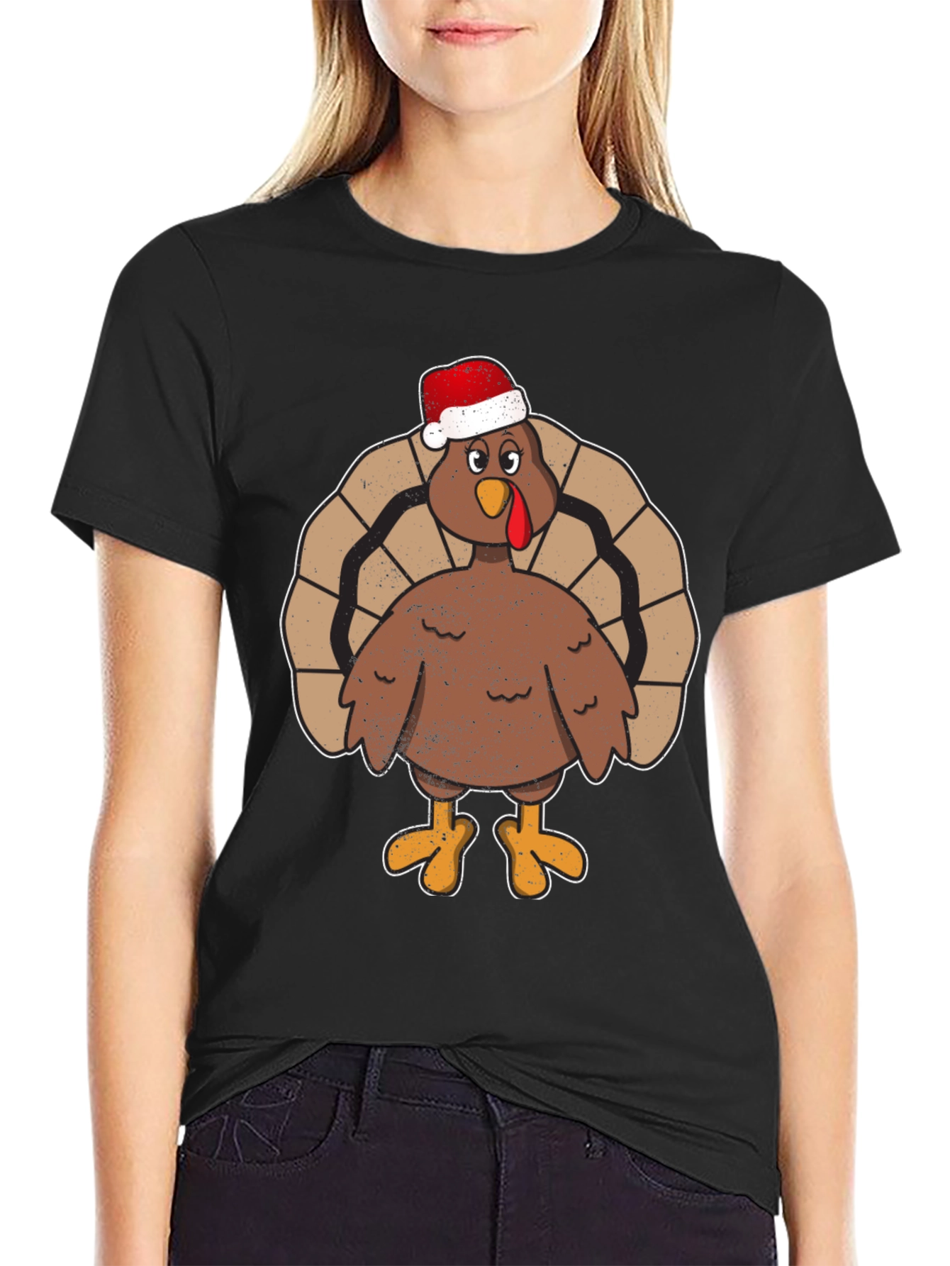 Black Festive Turkey Tee - Santa Hat Holiday Apparel view 2
