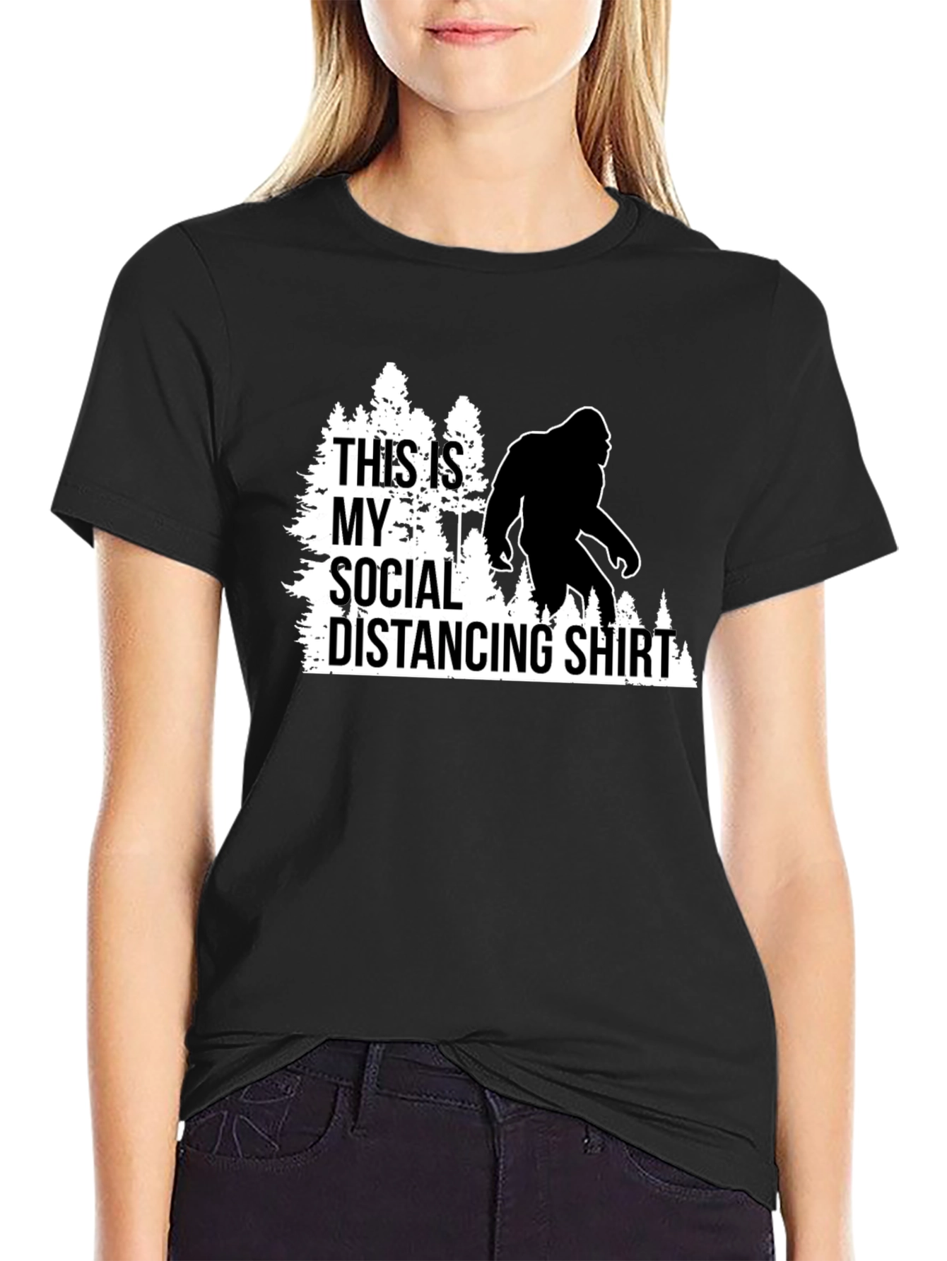 Black Funny Social Distancing Bigfoot Graphic Tee view 2