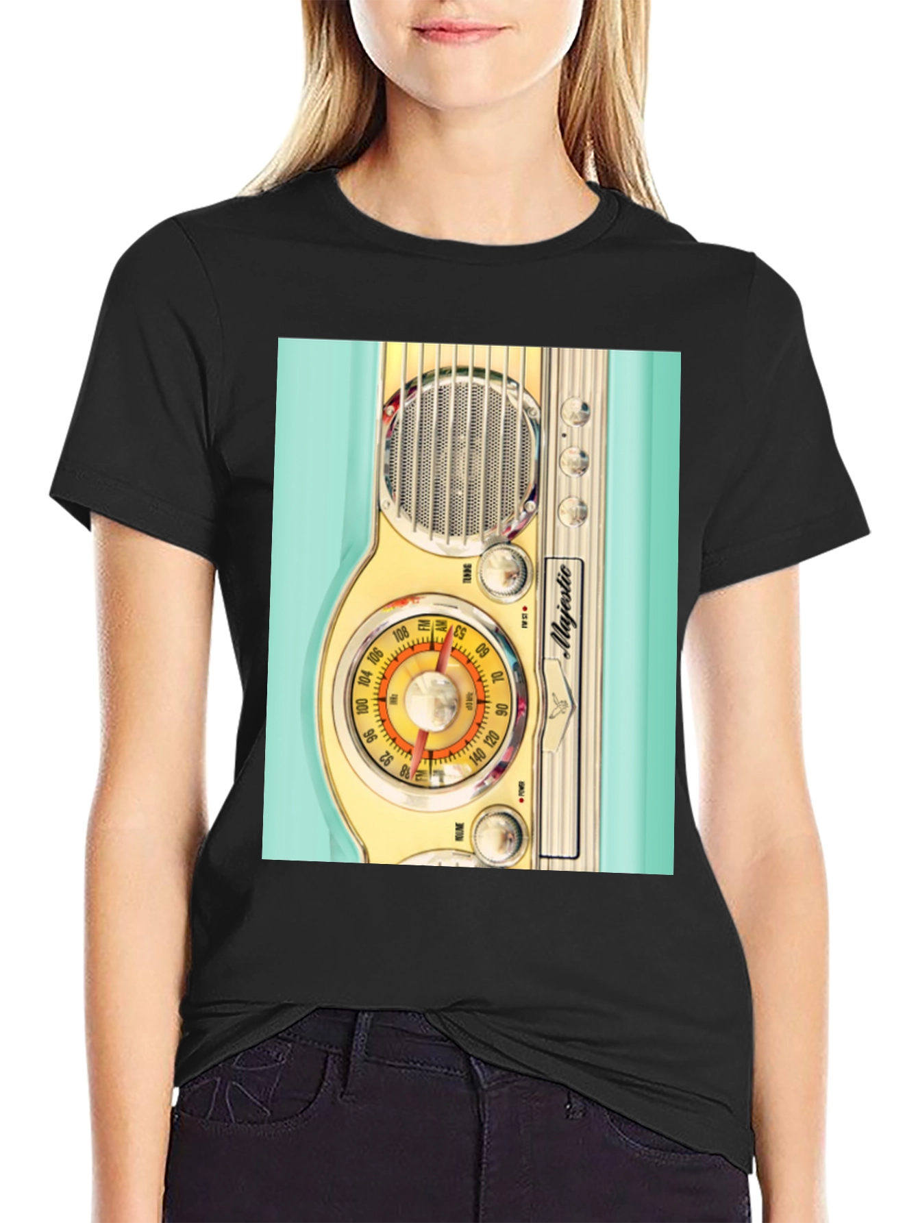 Black Retro Radio Graphic Tee - Vintage Majestic Radio Design view 2