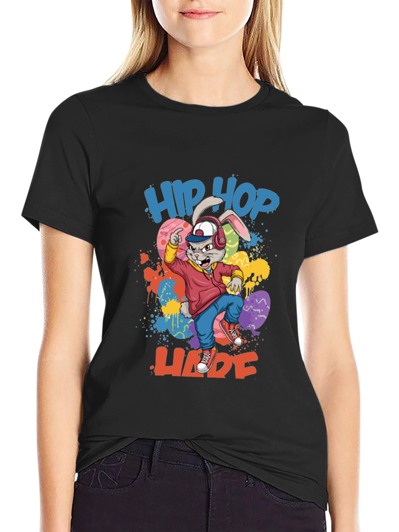 Black Hip Hop Hare Graphic Tee - Cool Bunny T-Shirt view 2