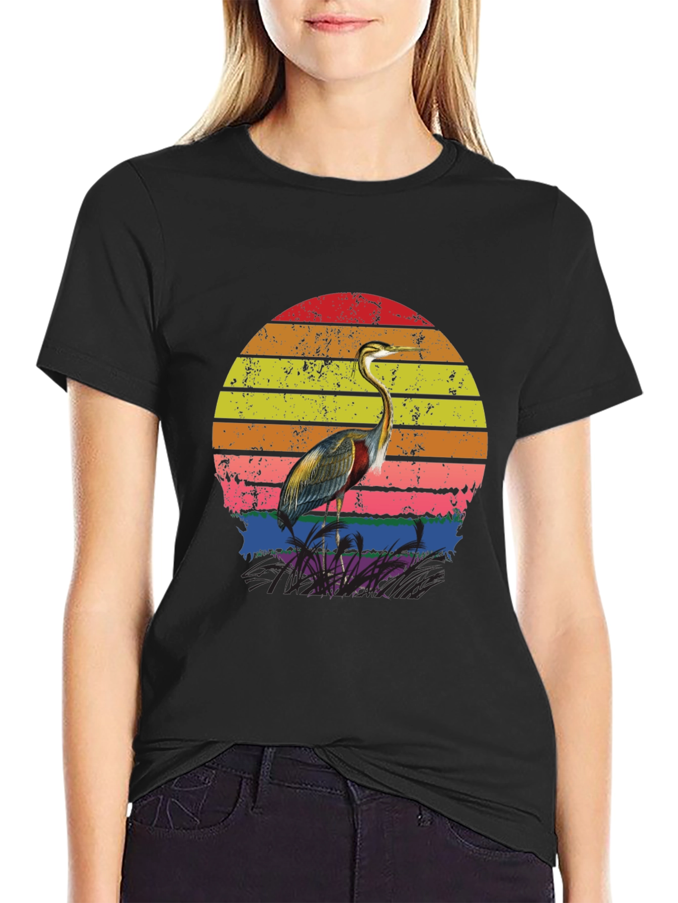 Black Retro Heron Sunset Graphic Tee - Black Cotton Blend view 2