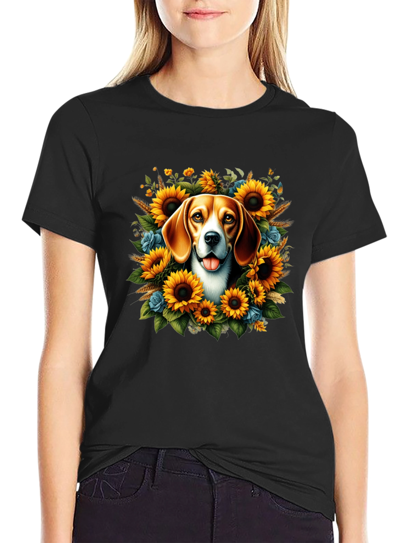 Black Dog Surrounded by Sunflowers Black T-Shirt view 2