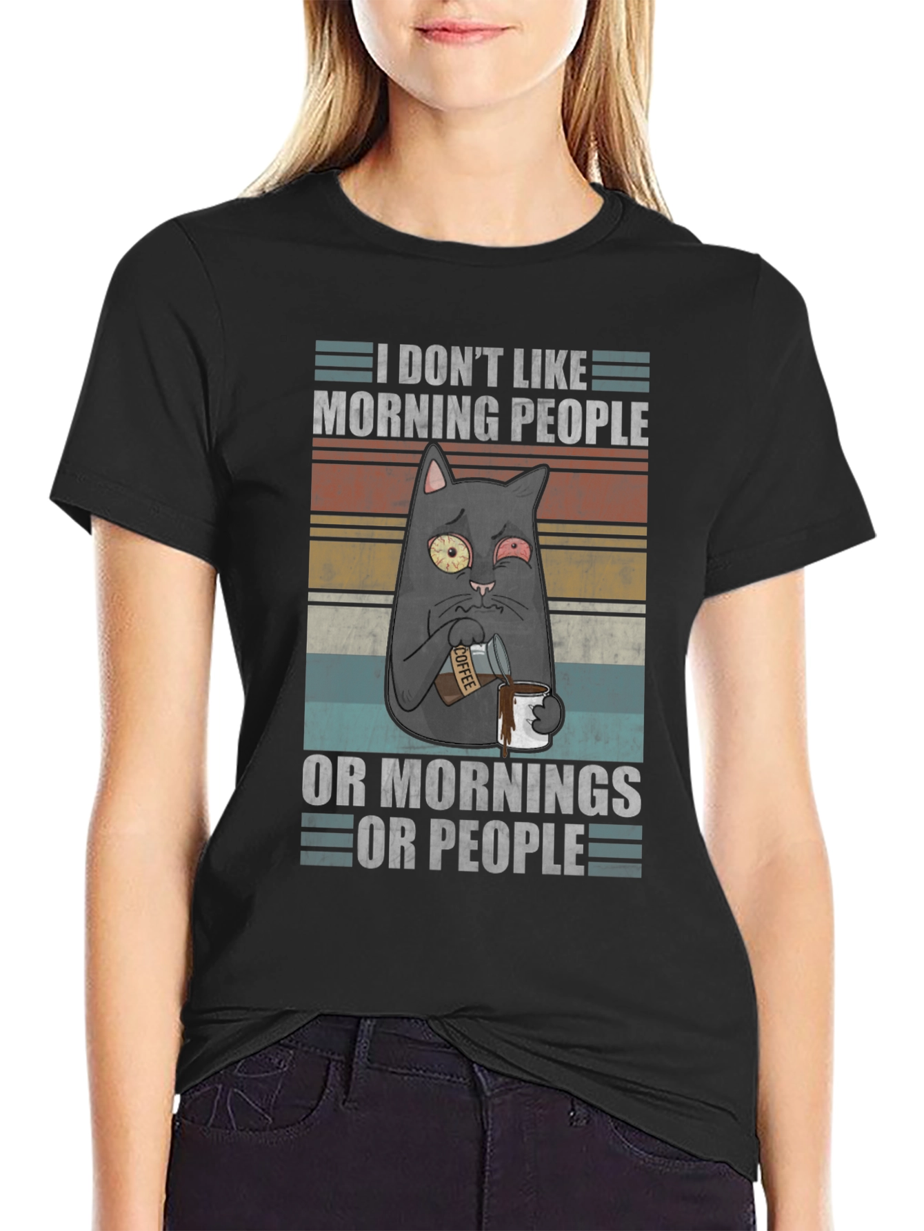 Black Humorous 'I Don't Like Morning People' Cat T-Shirt view 2