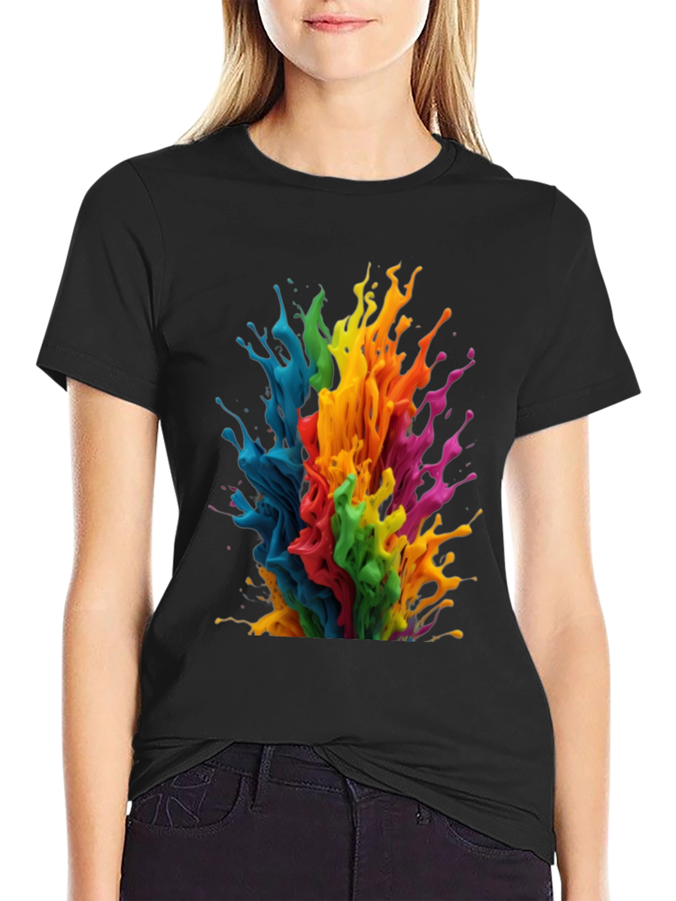 Black Rainbow Paint Splatter Graphic T-Shirt view 2