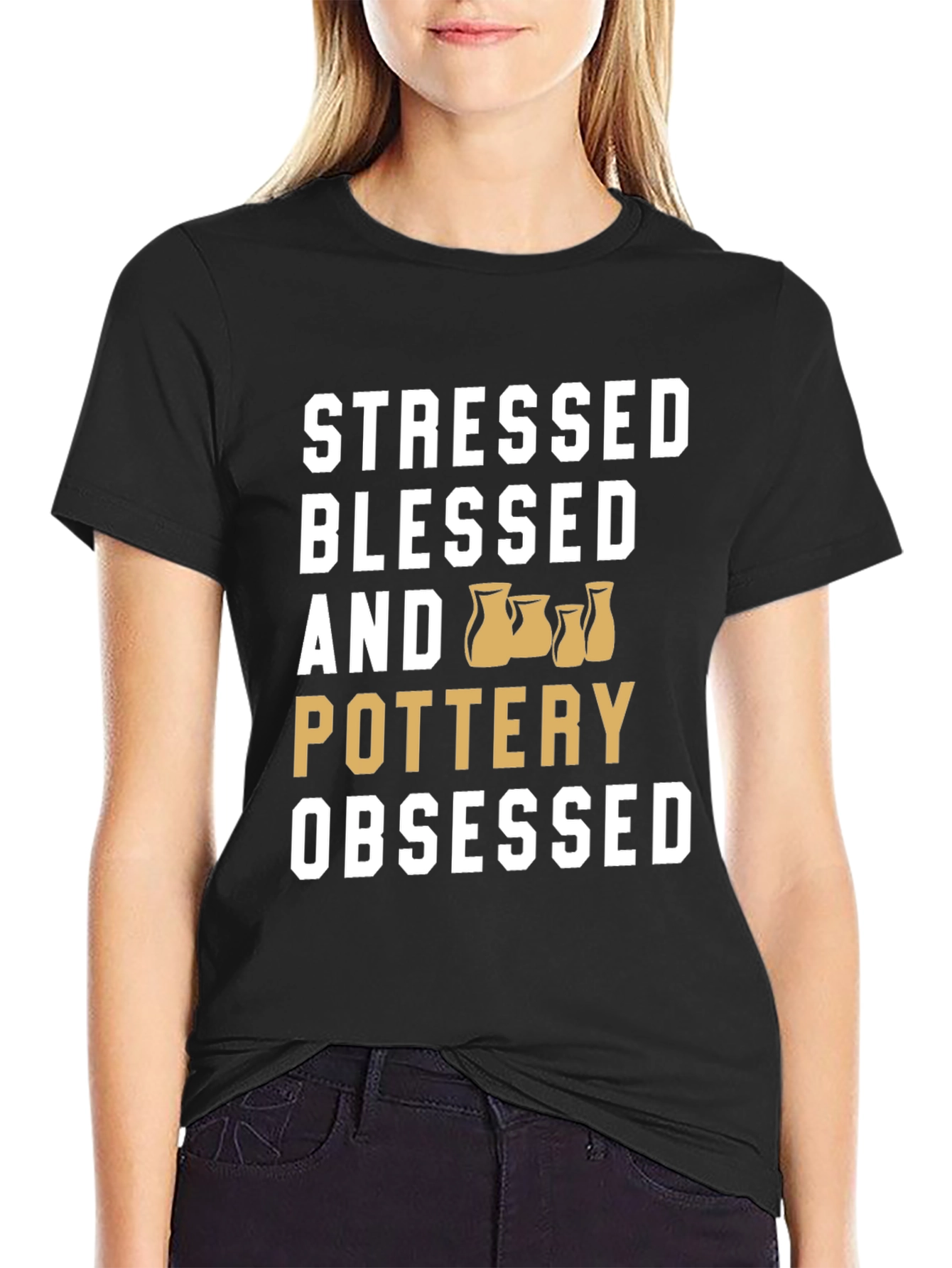 Black Stressed Blessed Pottery Obsessed T-Shirt view 2