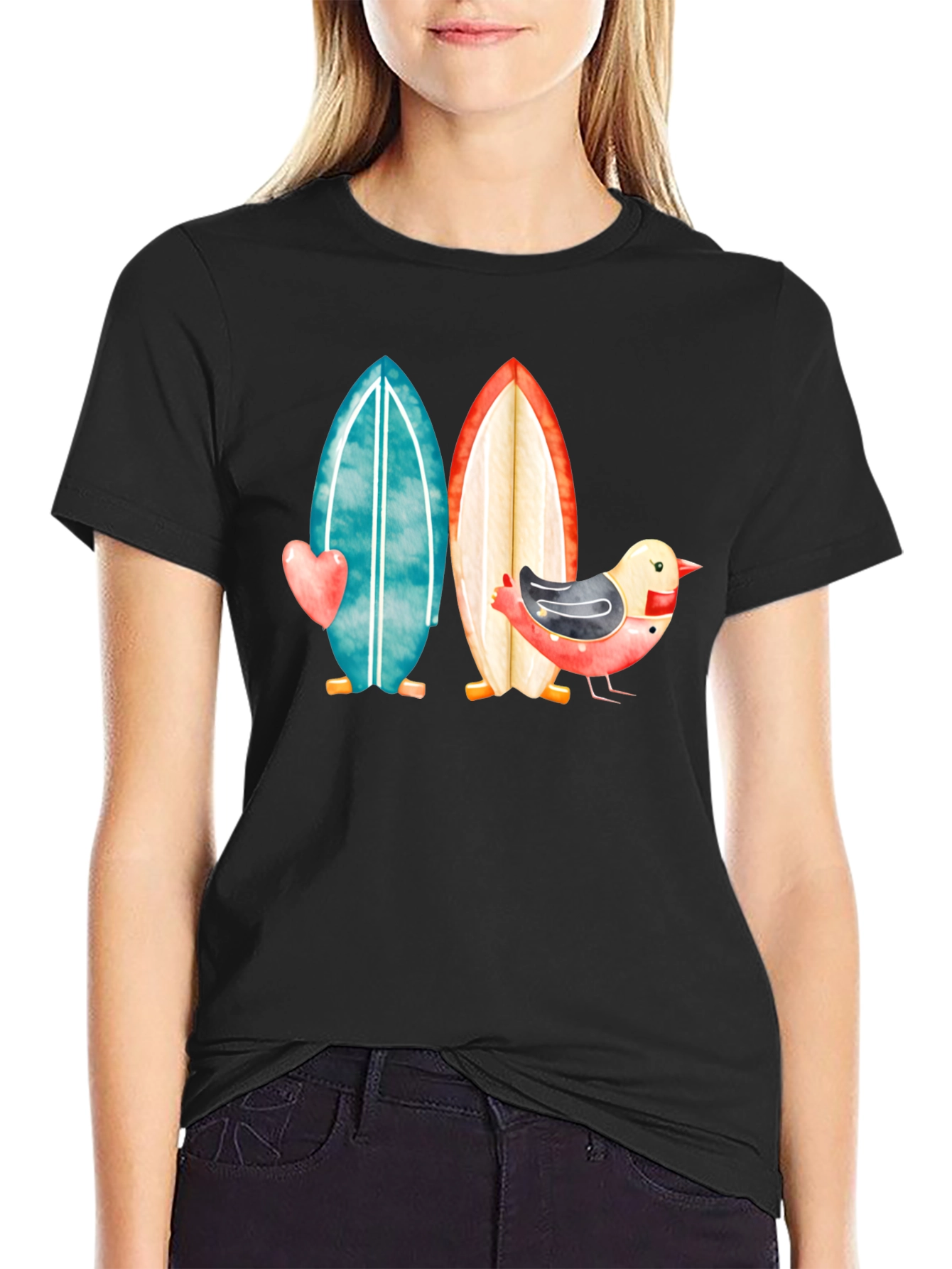 Black Surfboards & Bird T-Shirt - Coastal Style view 2