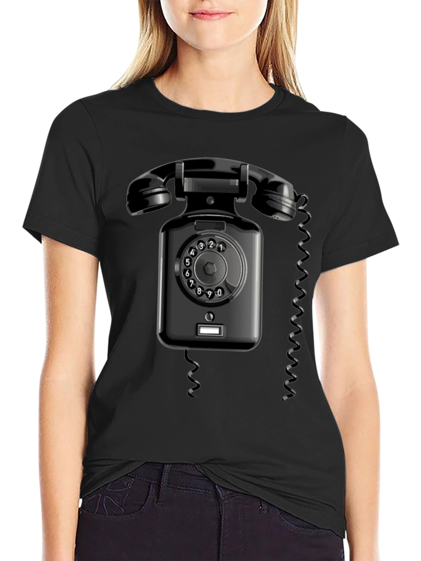Black Vintage Rotary Phone Graphic T-Shirt - Retro Style view 2