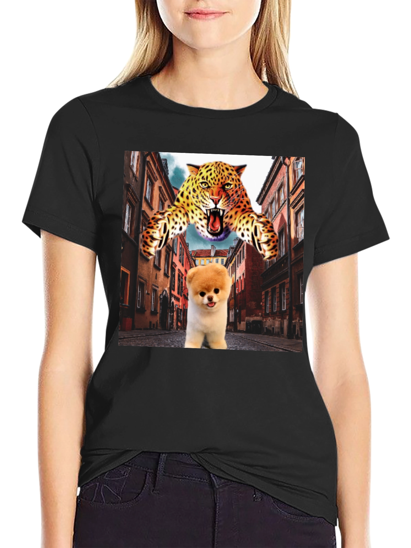 Black Novelty Graphic T-Shirt: Leopard and Pomeranian Design view 2