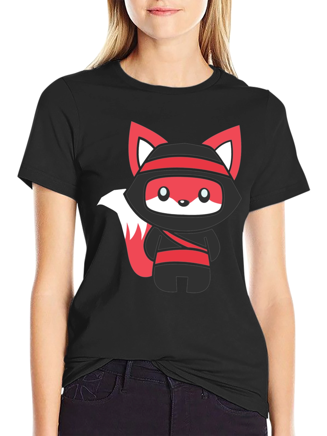 Black Ninja Fox Graphic Black T-Shirt view 2