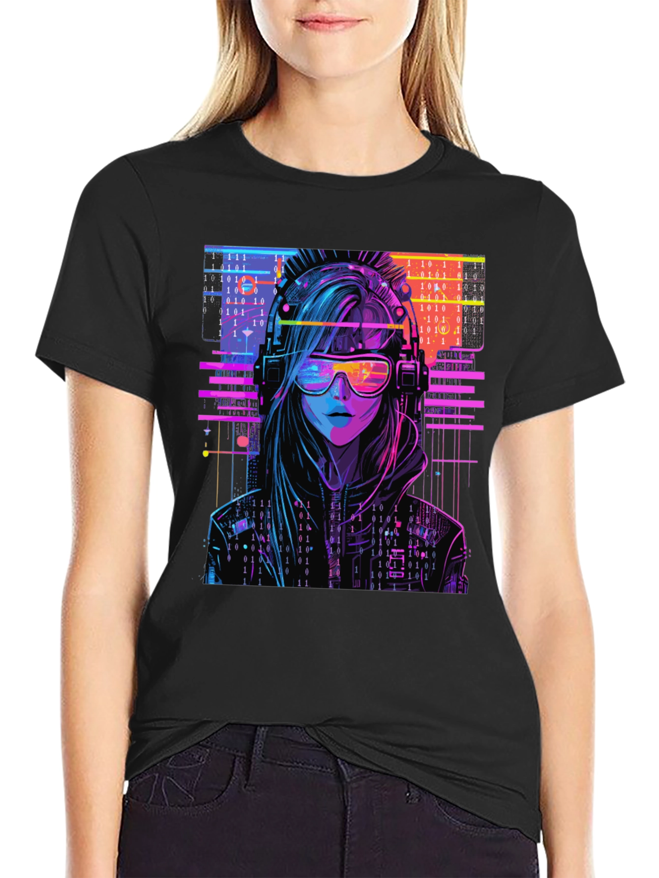 Cyberpunk Girl T-Shirt - Binary Code Design - 2