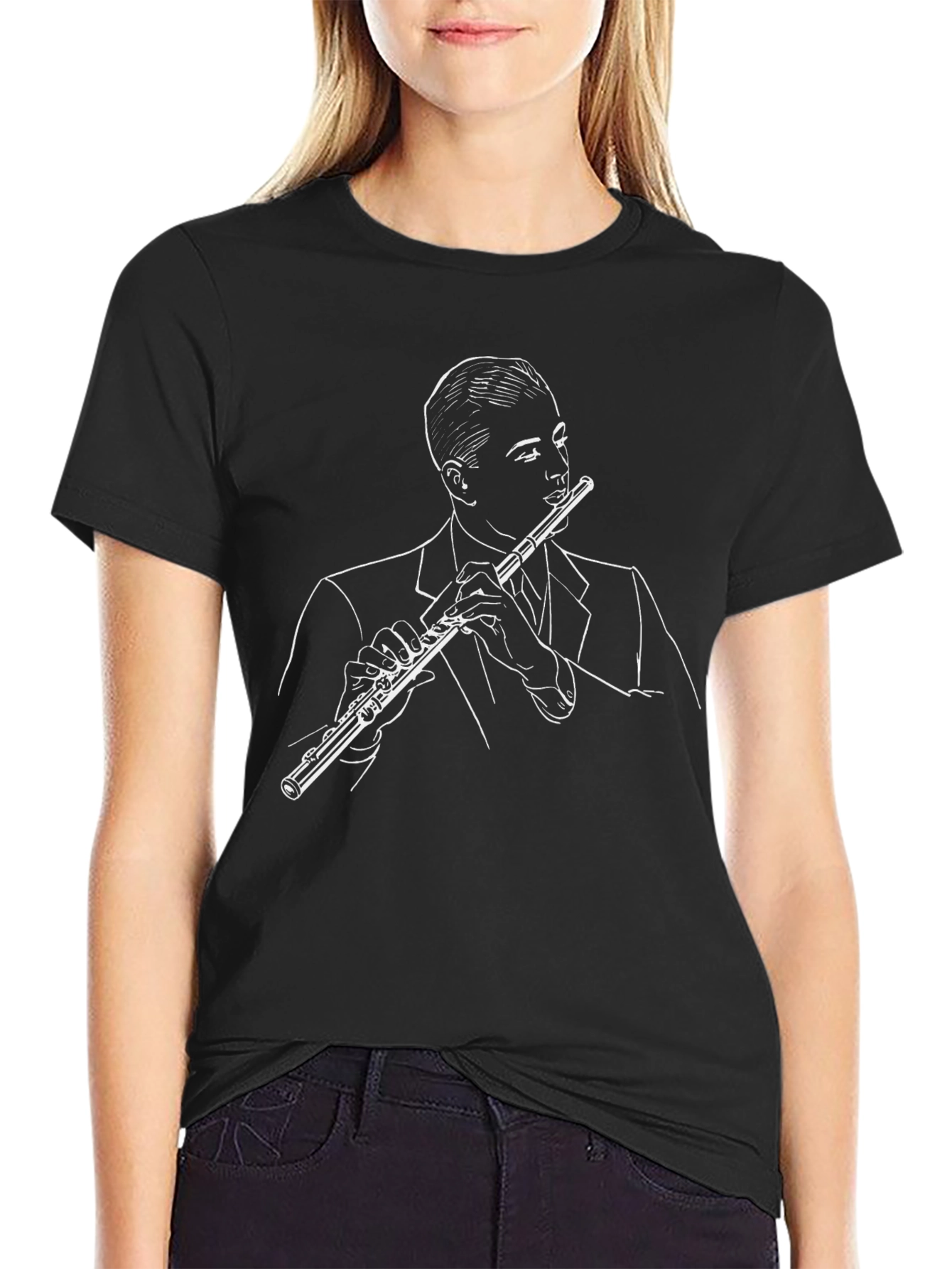 Black Flute Player Graphic Tee - Stylish Musician T-Shirt view 2