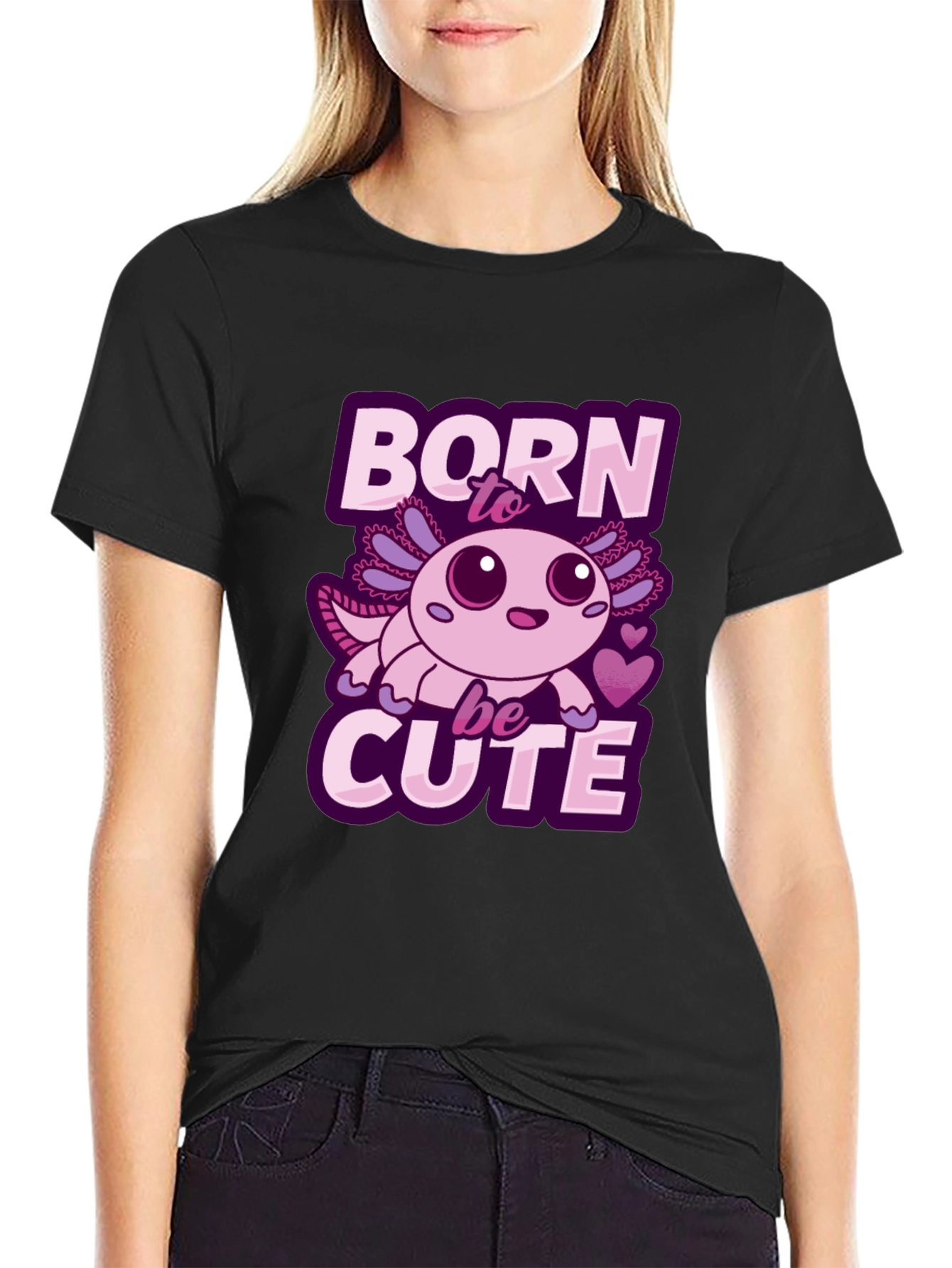 Black Born To Be Cute Axolotl T-Shirt view 2