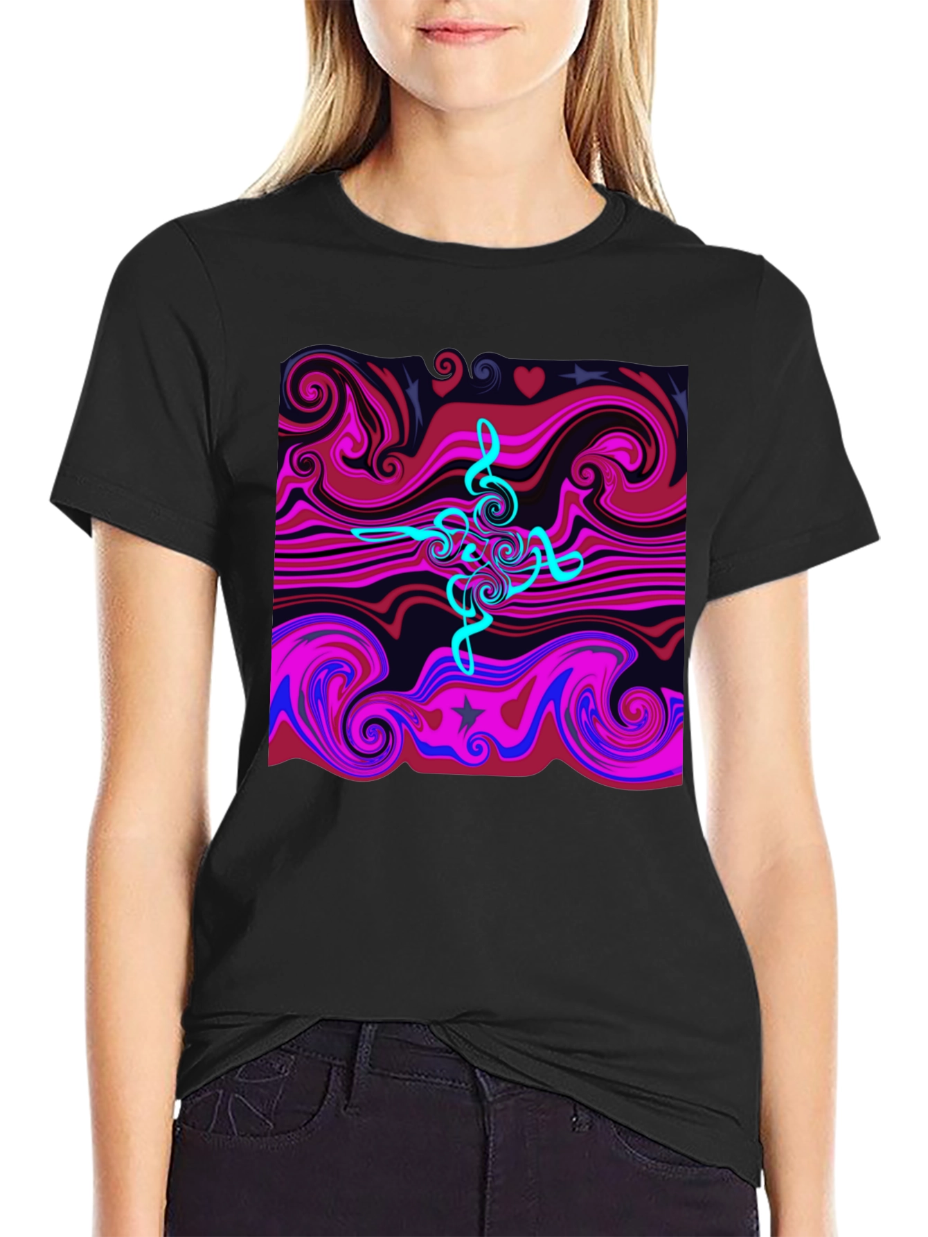 Black Abstract Swirl Tee - Cool Graphic Print Black T-Shirt view 2