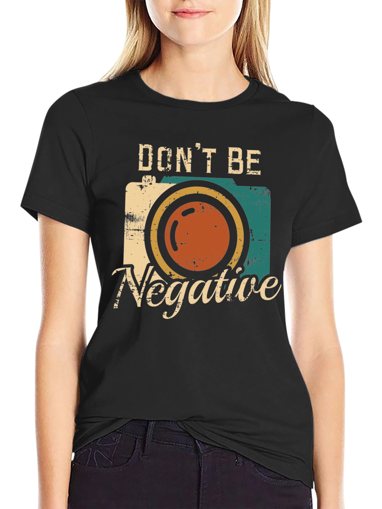 Black Don't Be Negative Retro Camera Graphic T-Shirt view 2