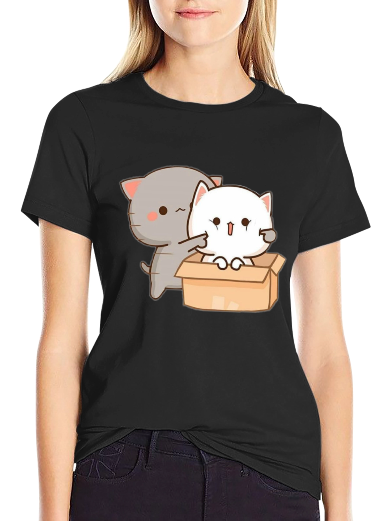 Black Cute Cat in Box Graphic T-Shirt view 2