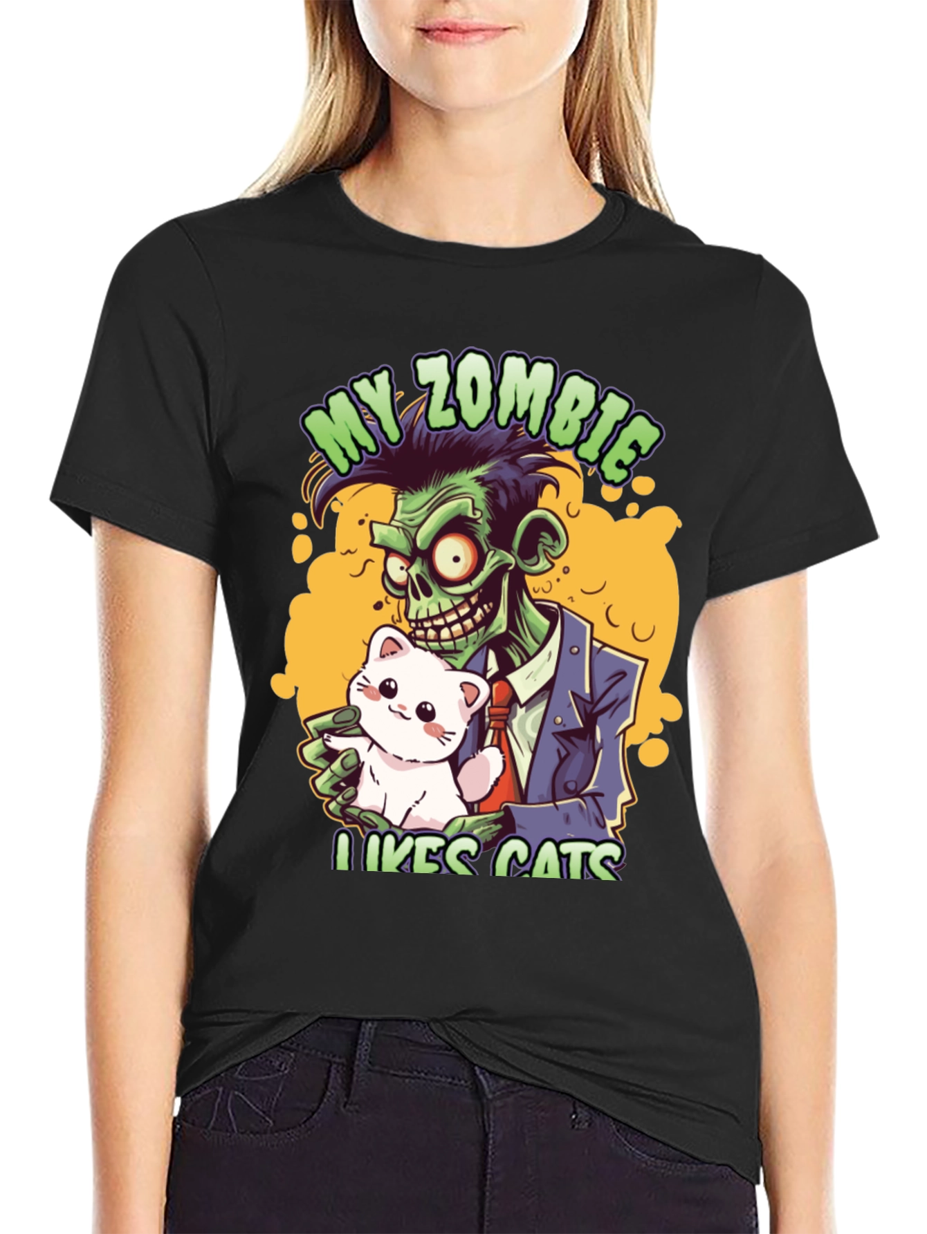 Black Zombie Likes Cats T-Shirt view 2