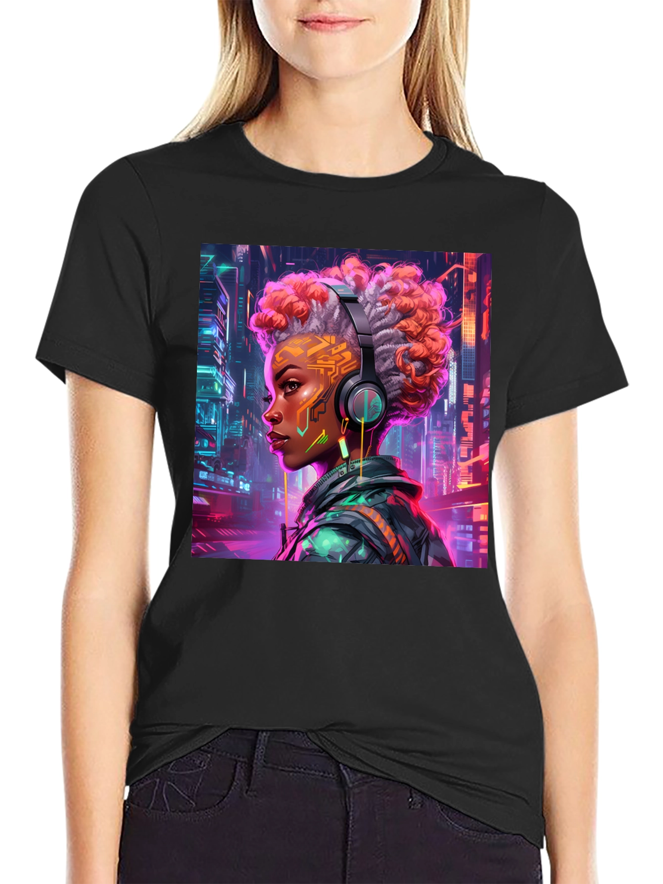 Black Cyberpunk Girl Graphic Tee - Futuristic Style view 2