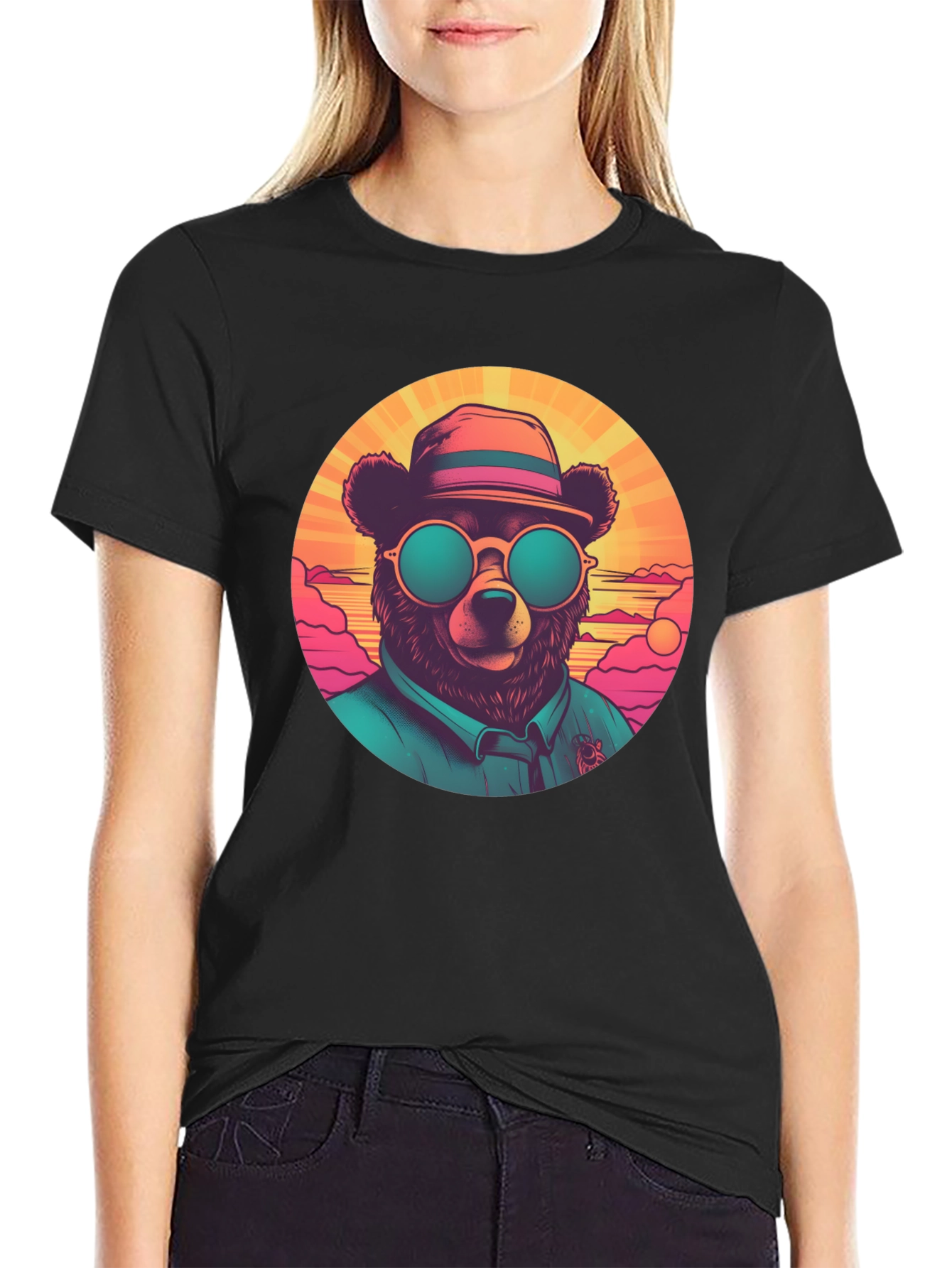 Black Cool Bear Graphic Tee - Retro Style view 2