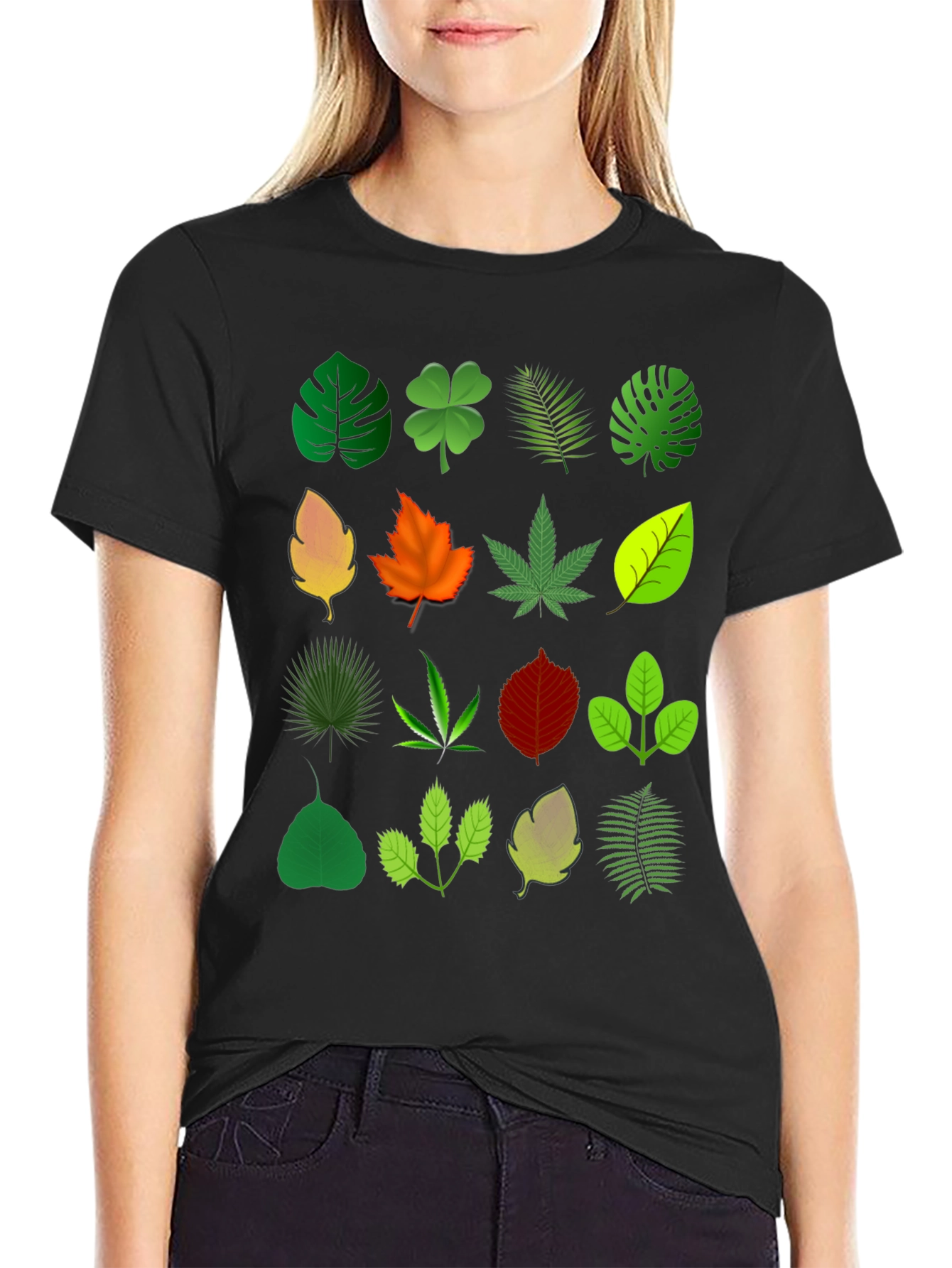 Black Leaf Pattern T-Shirt view 2