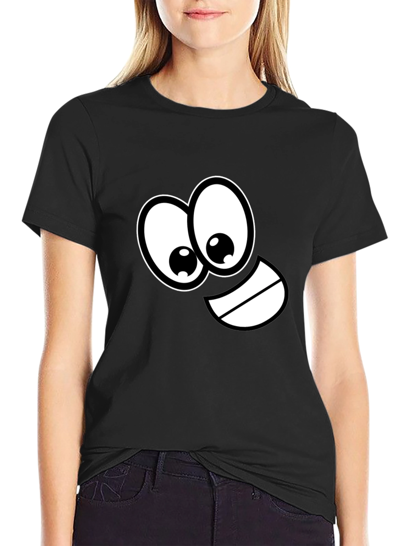 Black Funny Cartoon Face Black T-Shirt view 2