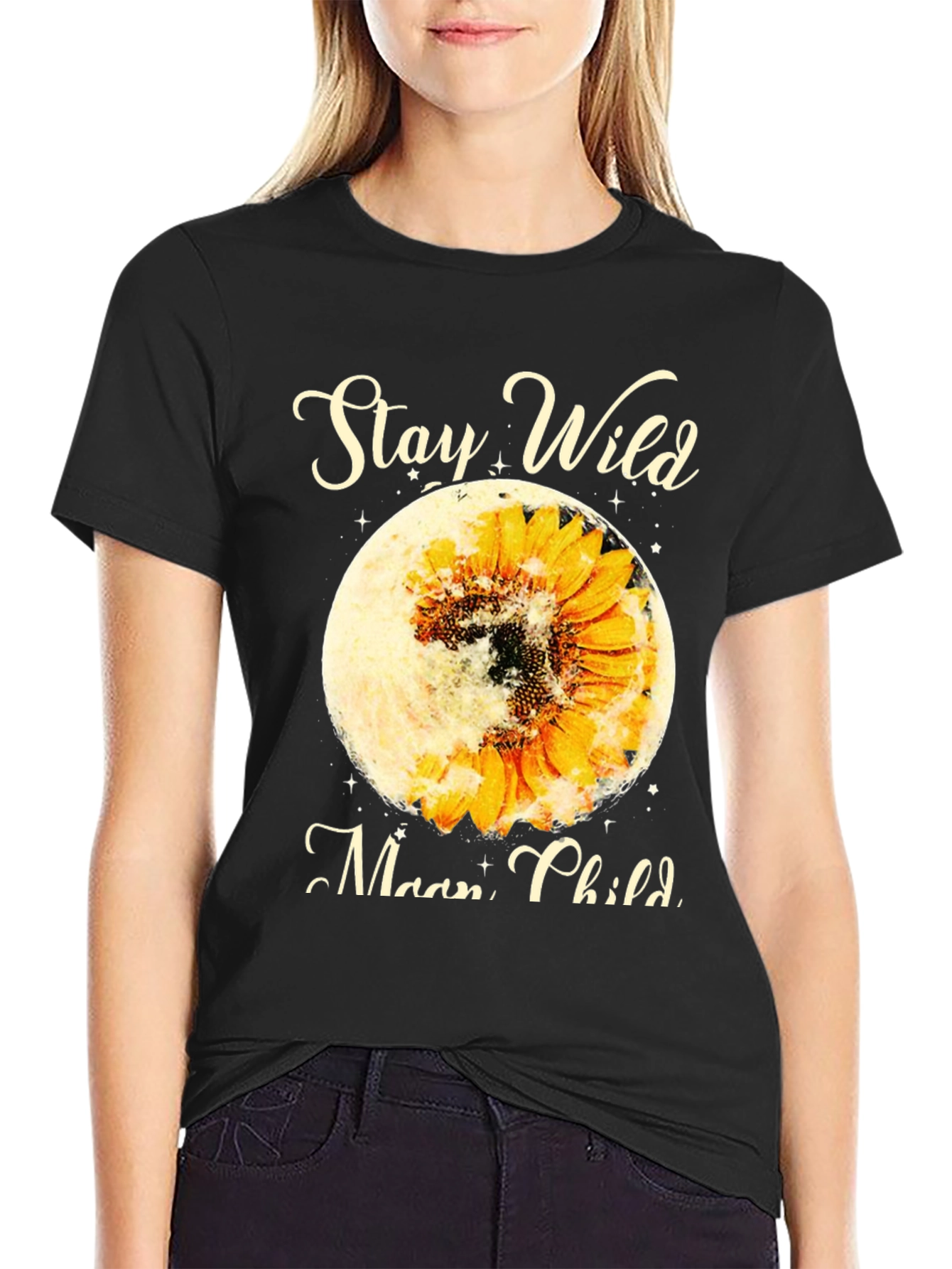 Black Stay Wild Moon Child Sunflower Graphic Tee view 2