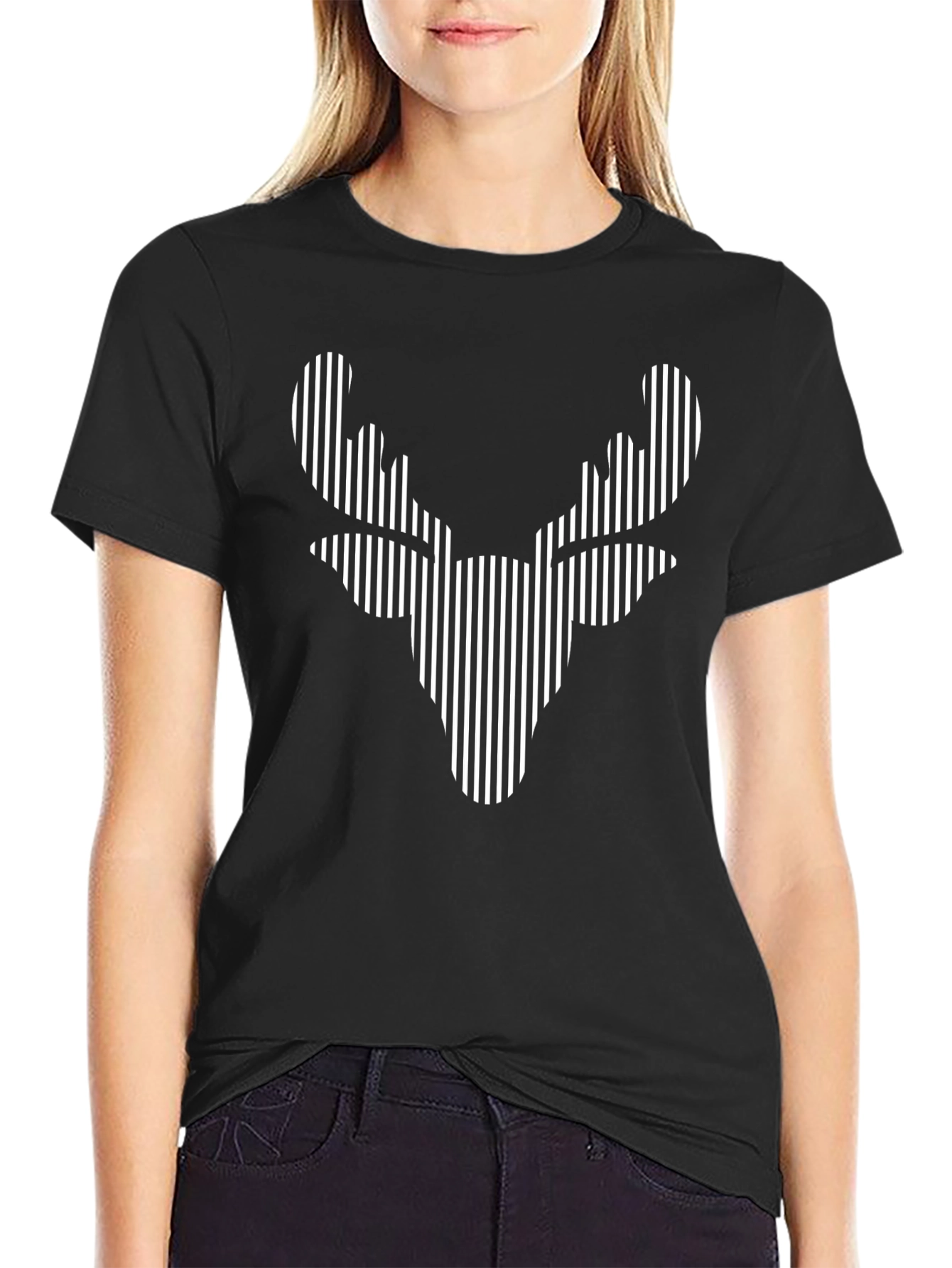 Black Stripped Deer Head Graphic Tee view 2