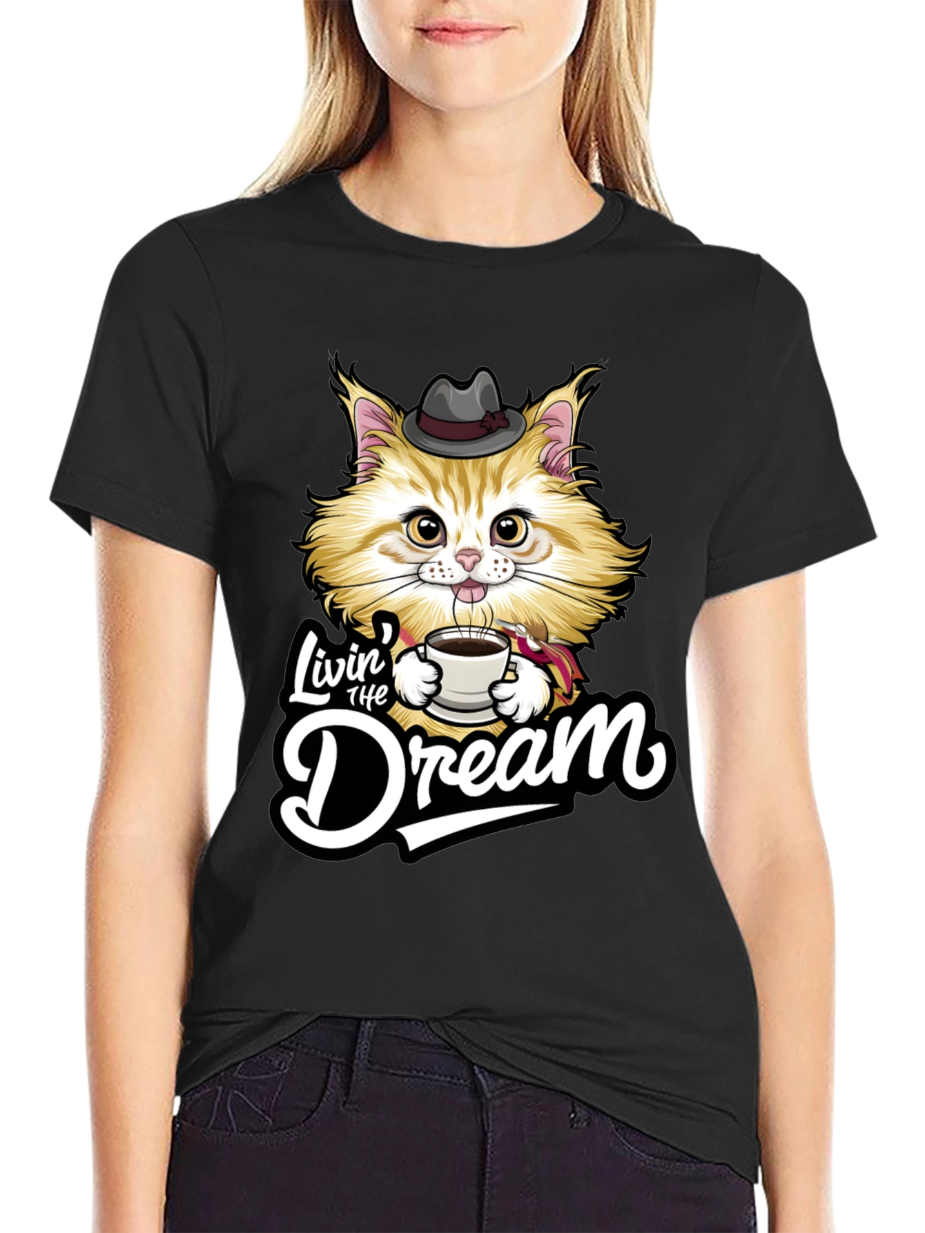Black Livin' the Dream Cat Graphic T-Shirt view 2