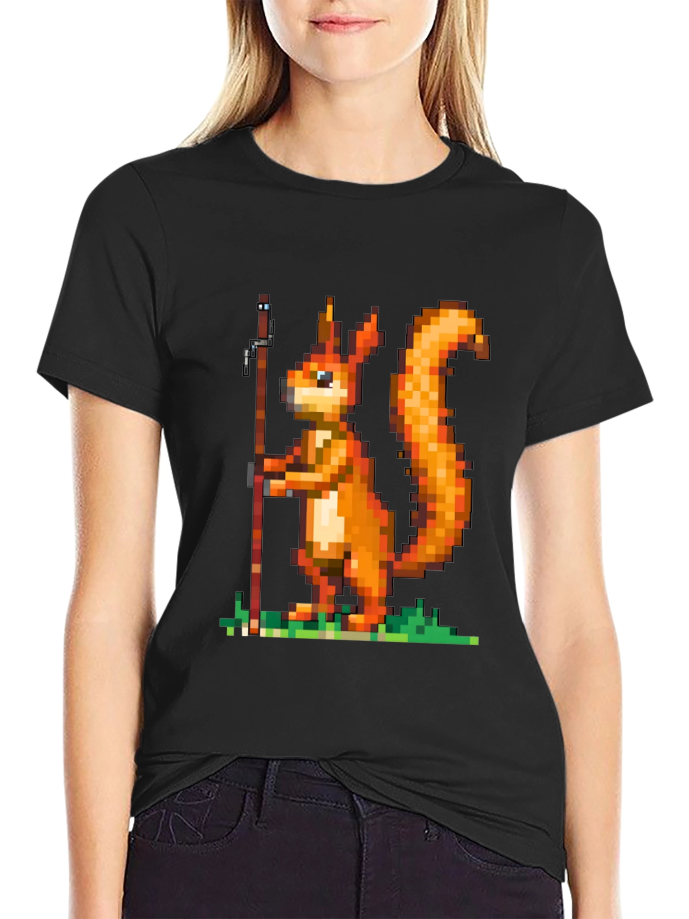 Black Pixel Squirrel Fishing T-Shirt - Black Cotton Tee view 2