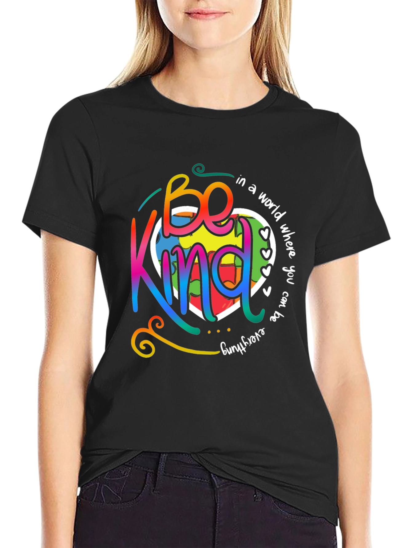 Black Be Kind T-Shirt - Colorful Autism Awareness Design view 2