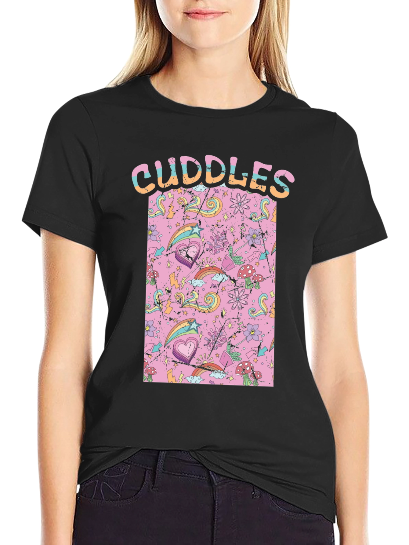 Black Cuddles Graphic Print Crew Neck T-Shirt view 2
