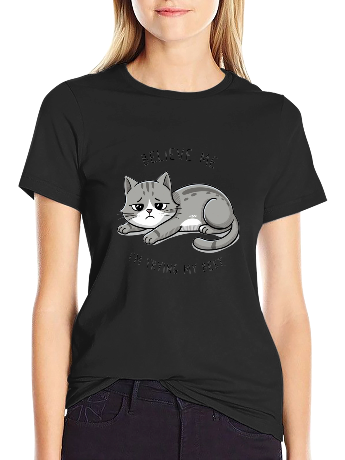 Black Believe Me Cat T-Shirt - Funny Graphic Tee view 2