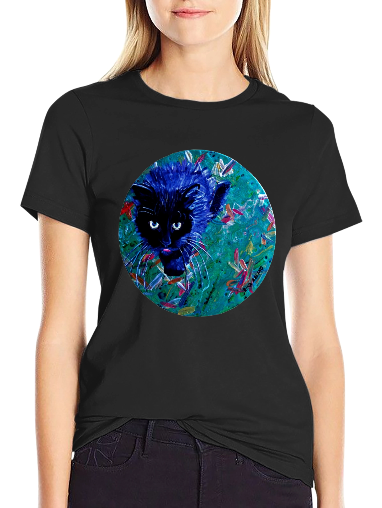 Black Abstract Cat Graphic Tee - Black Cotton T-Shirt view 2